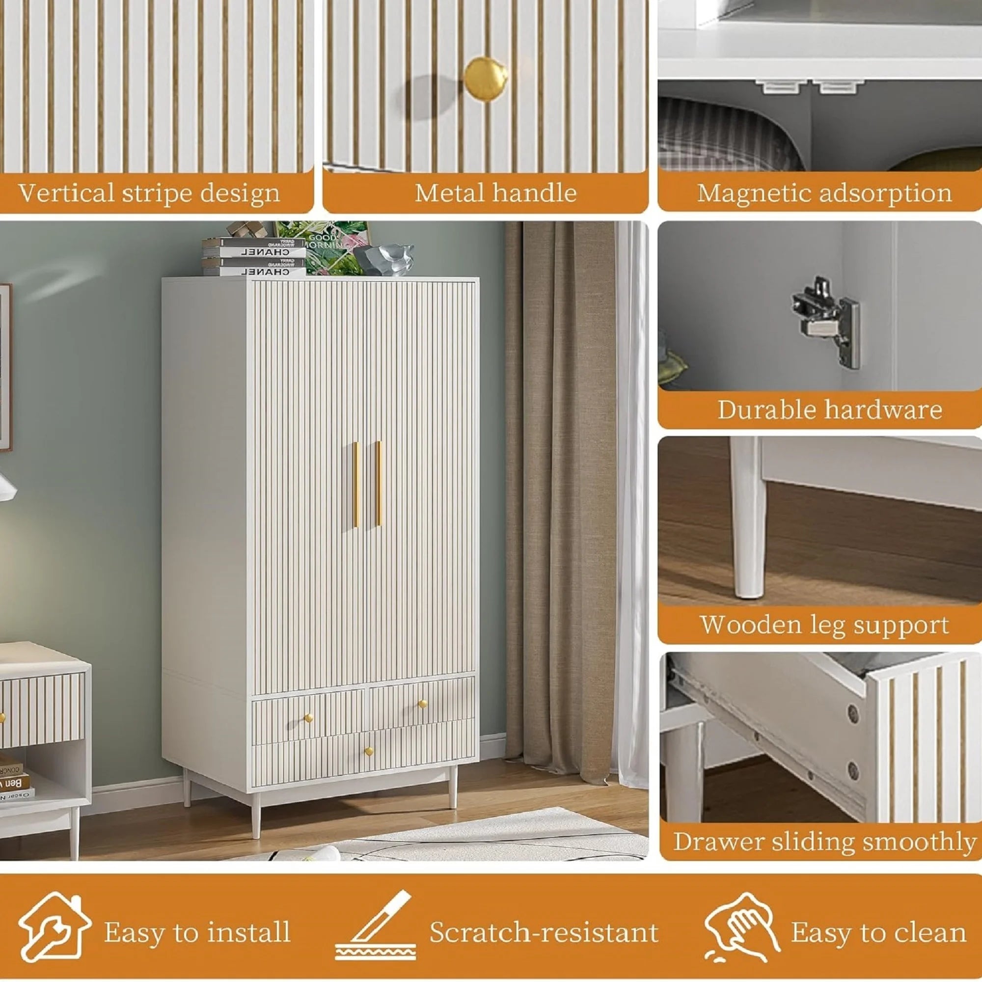 Armoire Wardrobe Closet with 2 Doors, Wardrobe Cabinet with Hanging Rod and Drawers, Wooden Closet for Bedroom, White