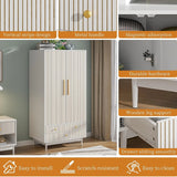 Armoire Wardrobe Closet with 2 Doors, Wardrobe Cabinet with Hanging Rod and Drawers, Wooden Closet for Bedroom, White