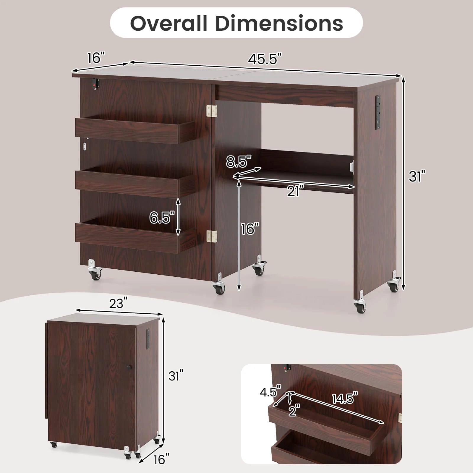Costway Folding Sewing Table Rolling Craft Station with 3 Storage Bins & Charging Station White+natural