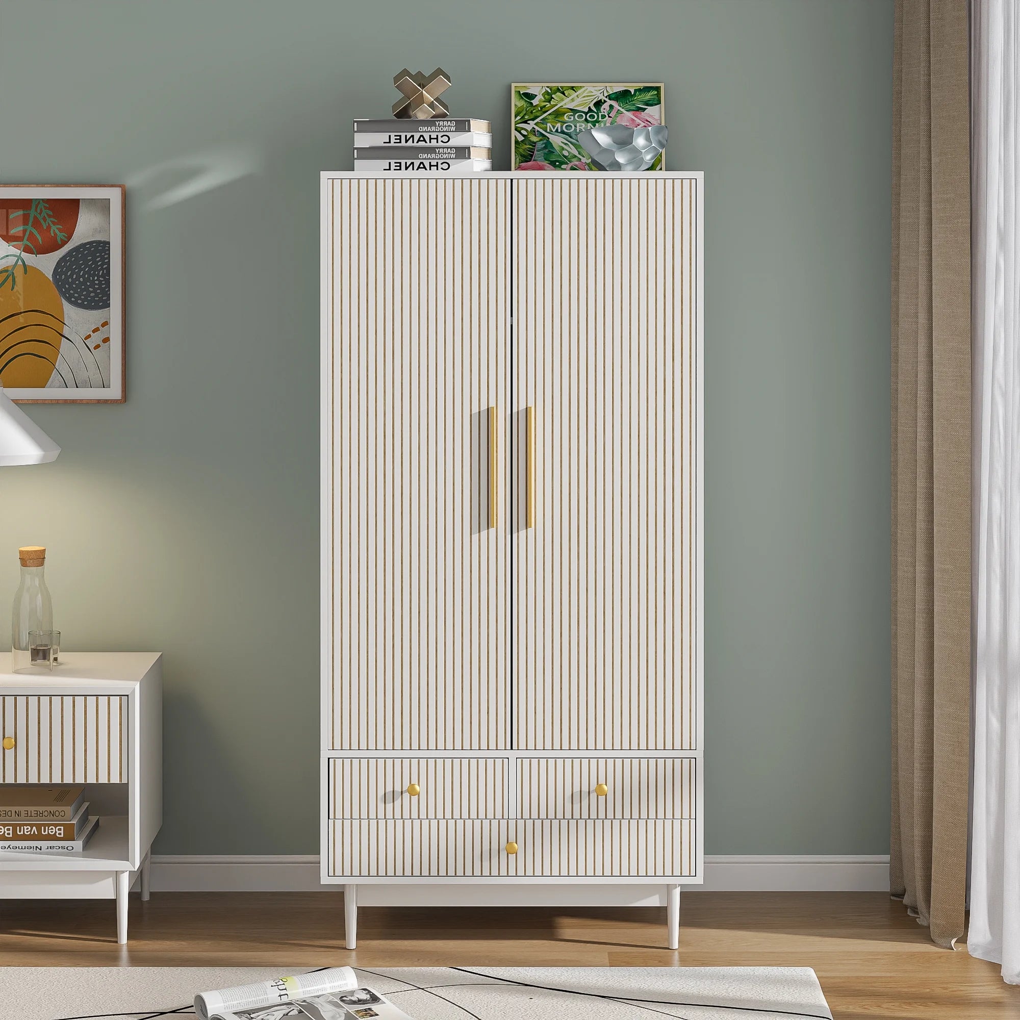 Armoire Wardrobe Closet with 2 Doors, Wardrobe Cabinet with Hanging Rod and Drawers, Wooden Closet for Bedroom, White