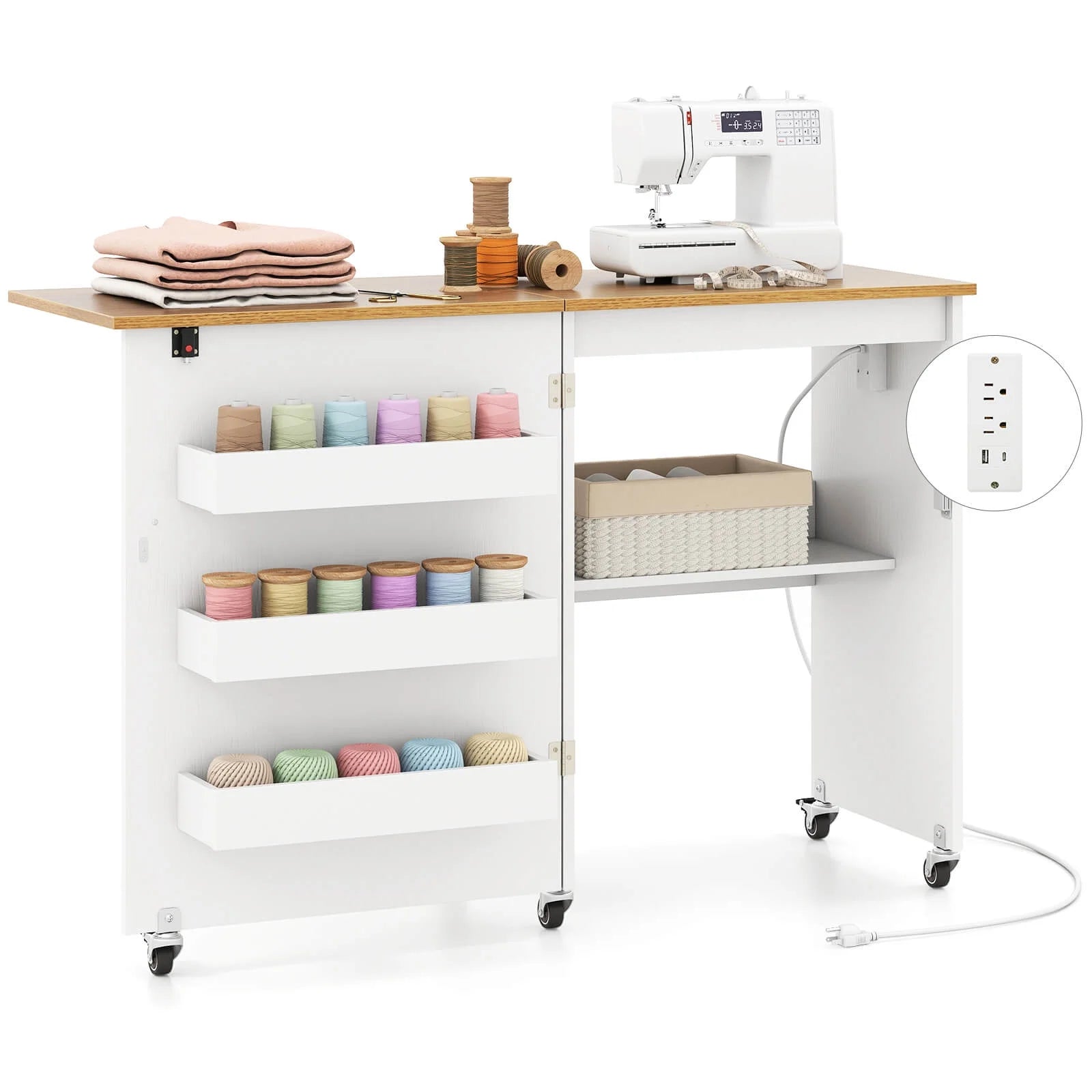 Costway Folding Sewing Table Rolling Craft Station with 3 Storage Bins & Charging Station White+natural