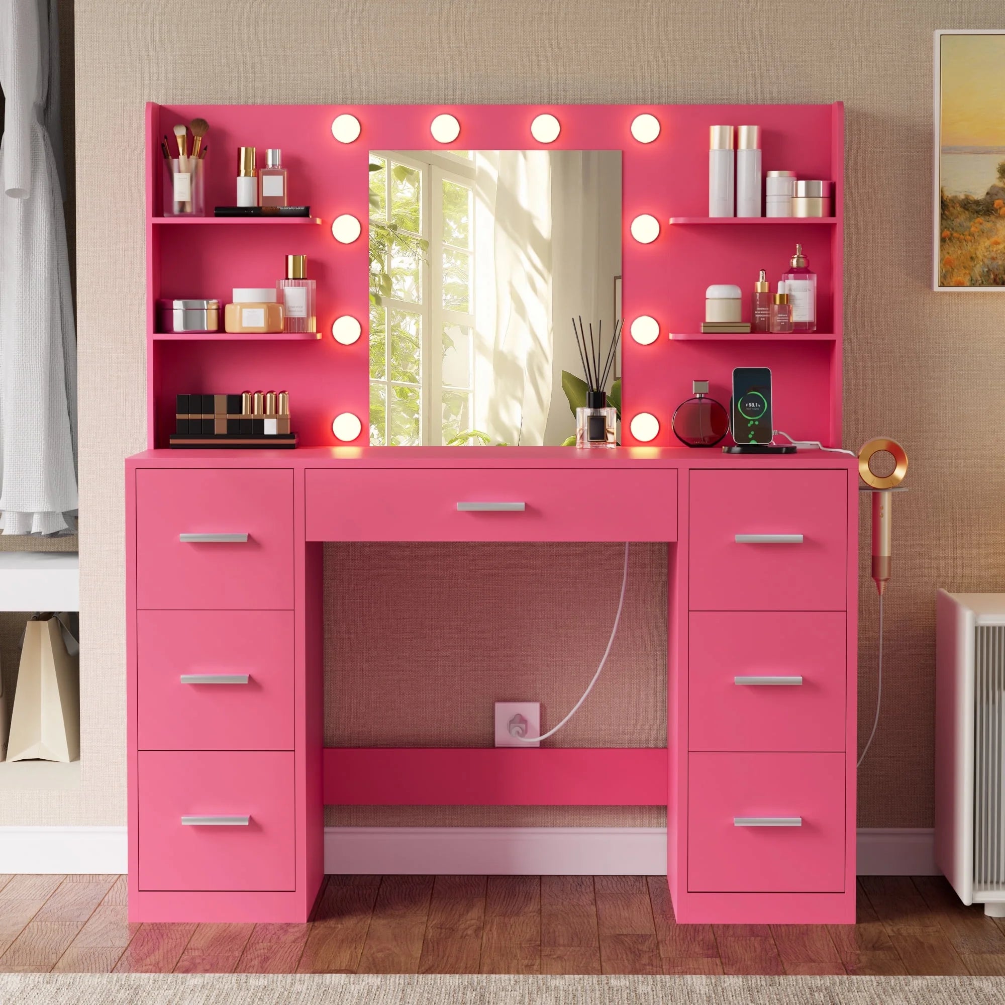 Lacoo Vanity Desk with Mirror and LED Lights, Makeup Vanity with 7 Drawers & 4 Shelves, Vanity Table with Power Outlet for Bedroom Dressing Room, White
