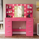 Lacoo Vanity Desk with Mirror and LED Lights, Makeup Vanity with 7 Drawers & 4 Shelves, Vanity Table with Power Outlet for Bedroom Dressing Room, White