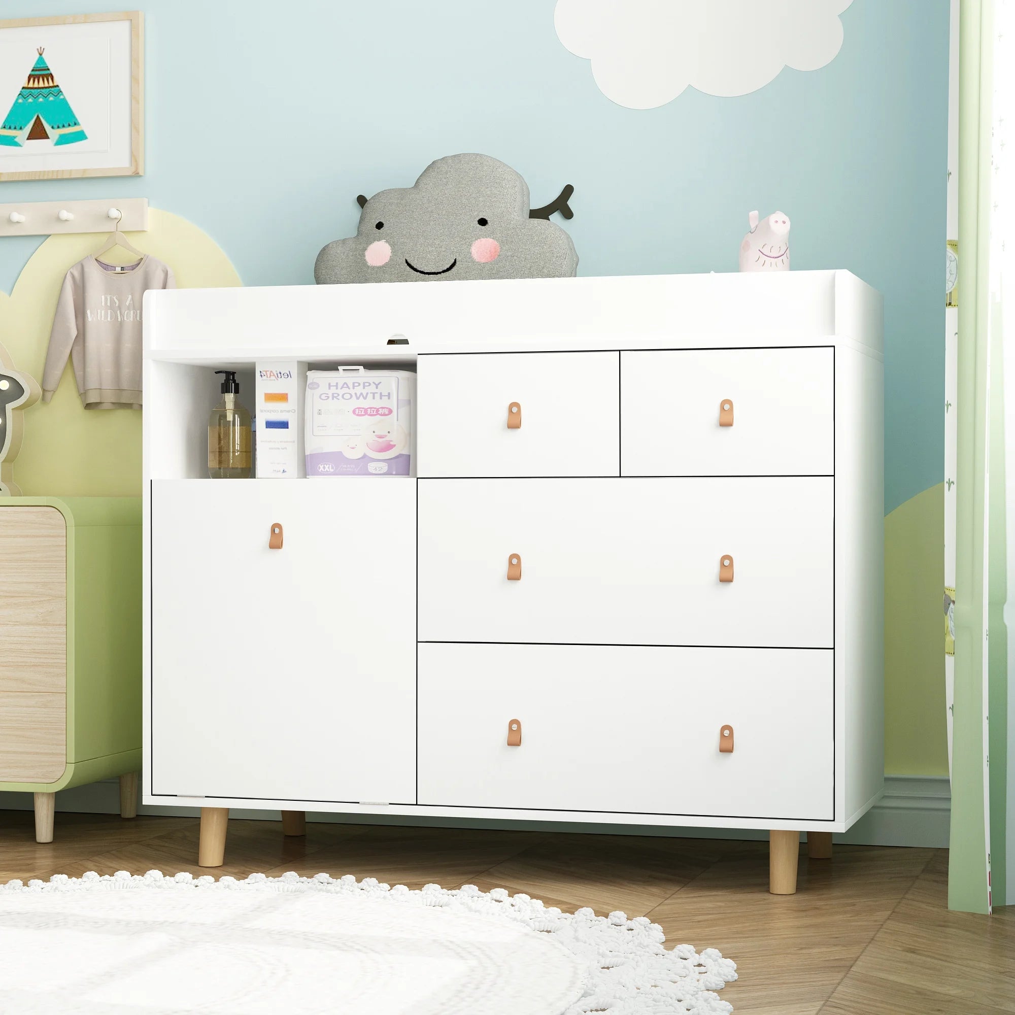 OXYLIFE 45" Baby Nursery Changing Table Dresser with 4 Drawers and Shelf for Nursery Room, White