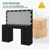 Yanosaku 15 Drawers Vanity Desk with Power Outlet, Makeup Table with Mirror and 13 LED Lights, 3 Color Lighting Modes, Brightness Adjustable, Glass Top Dressing Table, Vanity Set for Bedroom