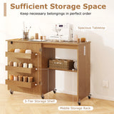Costway Folding Sewing Table Rolling Craft Station with 3 Storage Bins & Charging Station White+natural