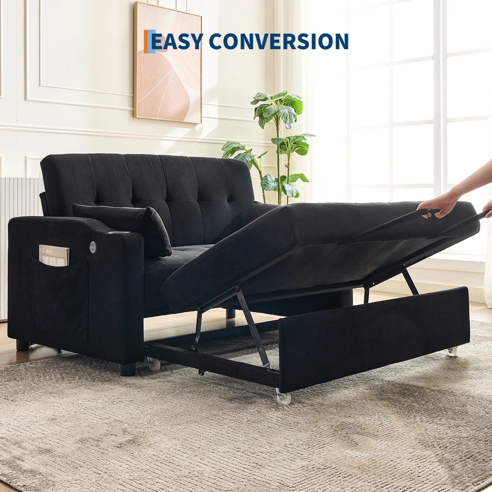 3 in 1 Convertible Sleeper Sofa Bed, Corduroy Futon Couches with Pull-Out Bed, Adjustable Backrest, Charging Port & Side Pockets, Modern Upholstered Sofa for Living Room, Guest Room