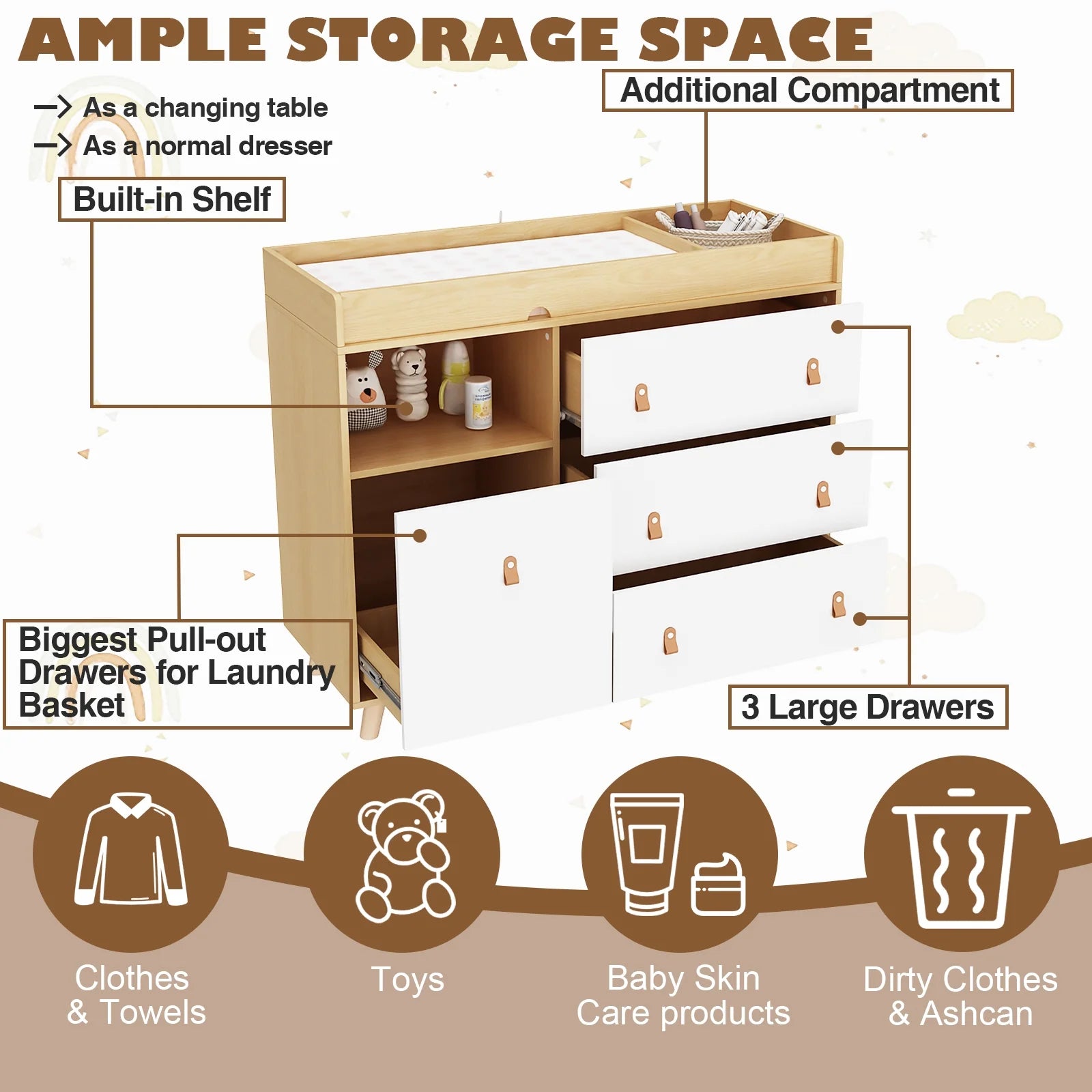 OXYLIFE 45" Baby Nursery Changing Table Dresser with 4 Drawers and Shelf for Nursery Room, White