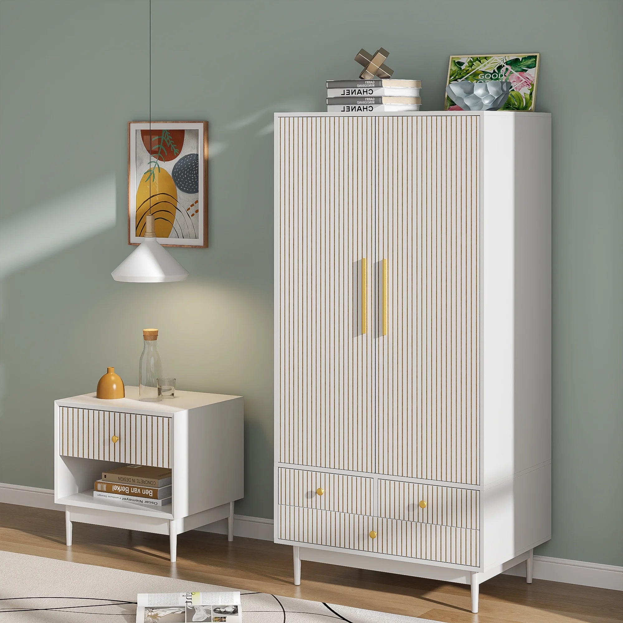 Armoire Wardrobe Closet with 2 Doors, Wardrobe Cabinet with Hanging Rod and Drawers, Wooden Closet for Bedroom, White