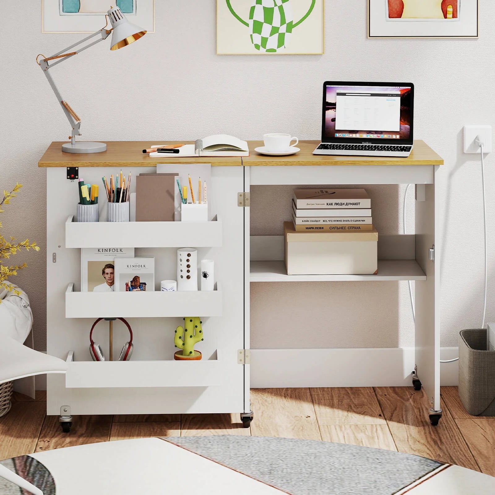 Costway Folding Sewing Table Rolling Craft Station with 3 Storage Bins & Charging Station White+natural