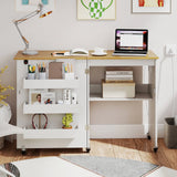 Costway Folding Sewing Table Rolling Craft Station with 3 Storage Bins & Charging Station White+natural