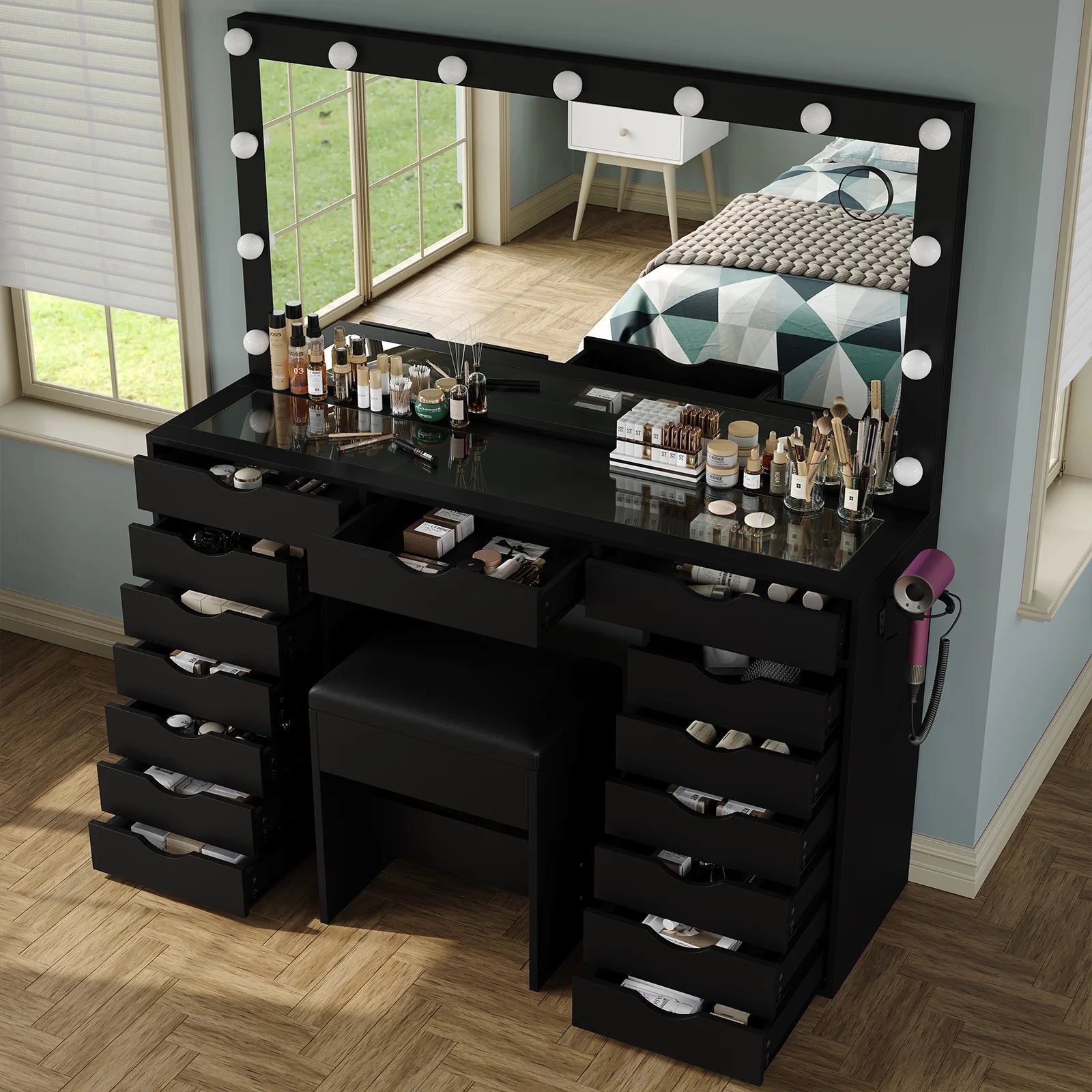 Yanosaku 15 Drawers Vanity Desk with Power Outlet, Makeup Table with Mirror and 13 LED Lights, 3 Color Lighting Modes, Brightness Adjustable, Glass Top Dressing Table, Vanity Set for Bedroom