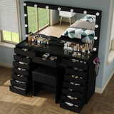 Yanosaku 15 Drawers Vanity Desk with Power Outlet, Makeup Table with Mirror and 13 LED Lights, 3 Color Lighting Modes, Brightness Adjustable, Glass Top Dressing Table, Vanity Set for Bedroom