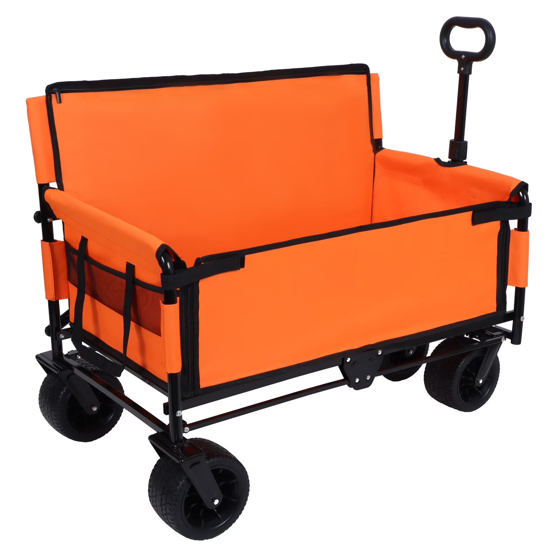 3-in-1 Collapsible Wagon Cart with Bench Seat, 500lbs Convertible Heavy Duty Utility Wagon with Flexible Handle, All-Terrain Folding Grocery Cart with Wheels for Shopping, Camping, Orange