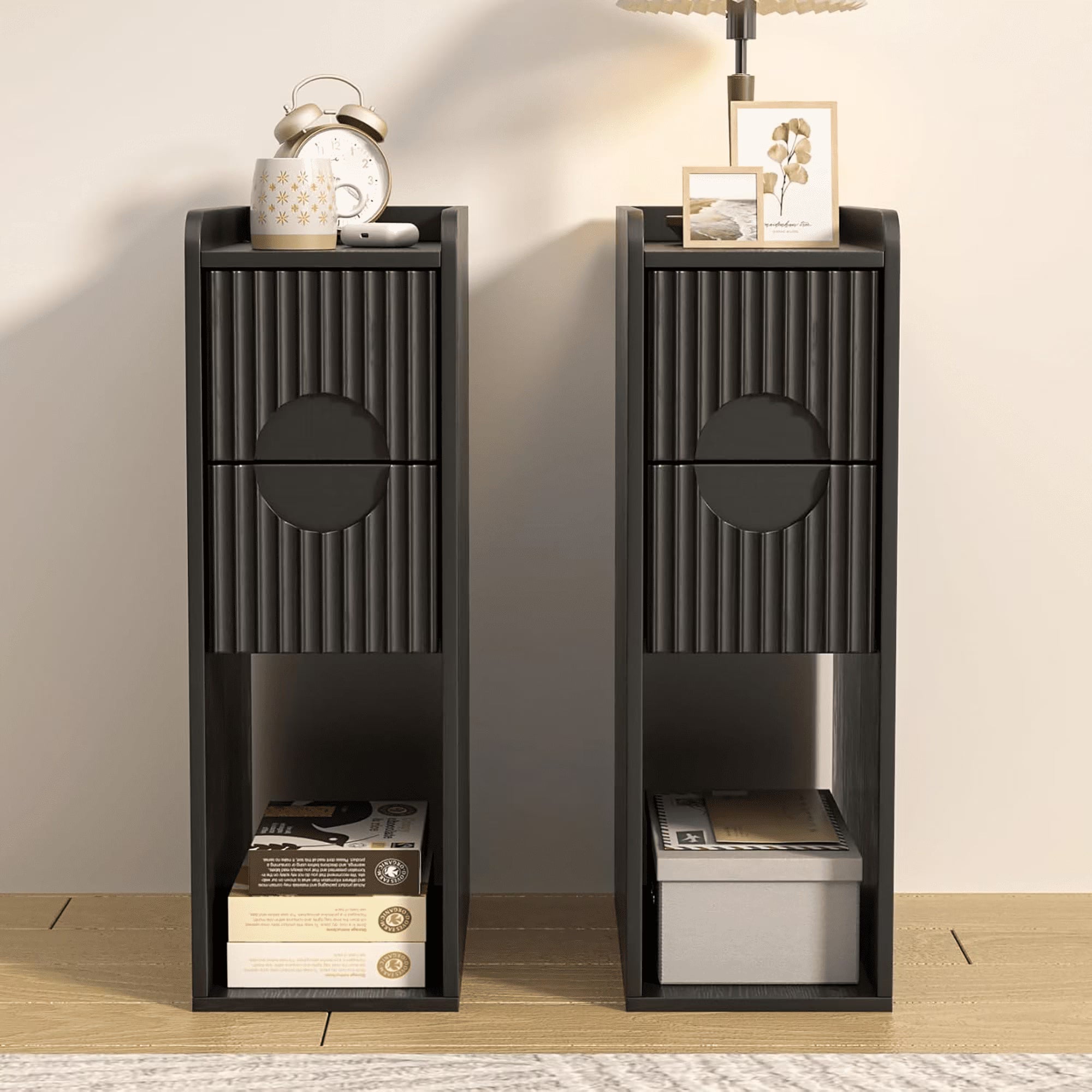 Narrow Nightstand Set of 2 with Drawers, Fluted Slim Side End Table with Storage for Small Spaces