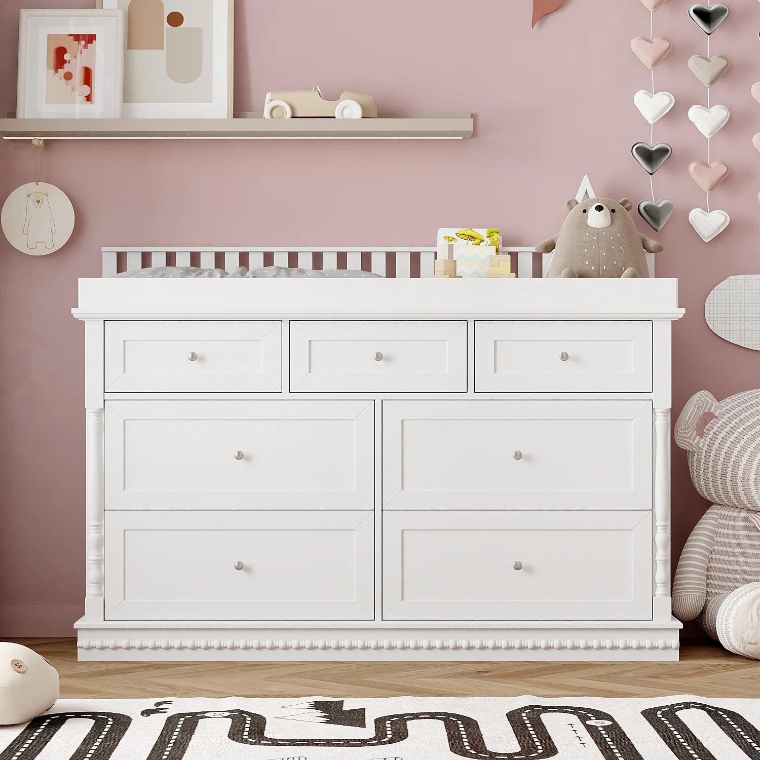 OXYLIFE 45" Baby Nursery Changing Table Dresser with 4 Drawers and Shelf for Nursery Room, White