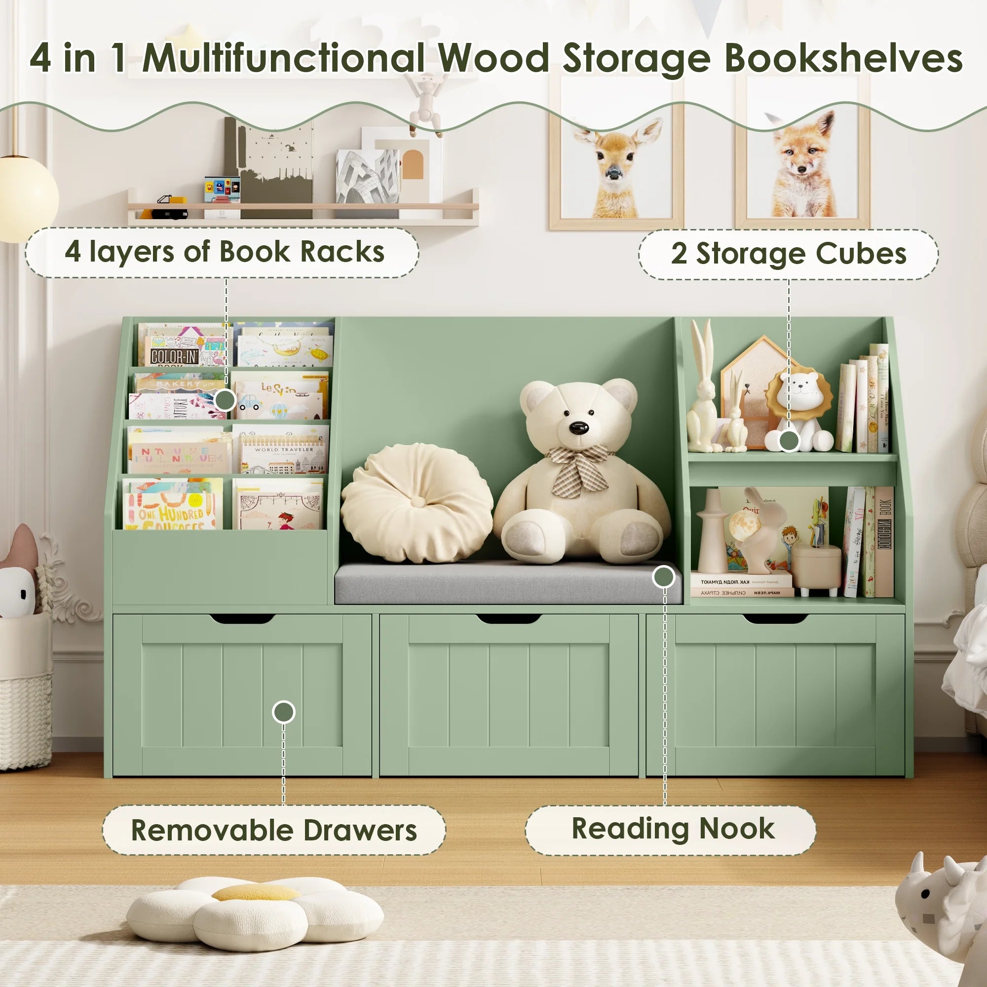 Homfa Kids Bookshelf with Reading Nook & 3 Movable Drawers, 2 Cube Bookcase with 4-Tier Book Racks, Toy Storage Organizer for Playroom Bedroom, White