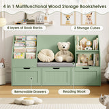 Homfa Kids Bookshelf with Reading Nook & 3 Movable Drawers, 2 Cube Bookcase with 4-Tier Book Racks, Toy Storage Organizer for Playroom Bedroom, White