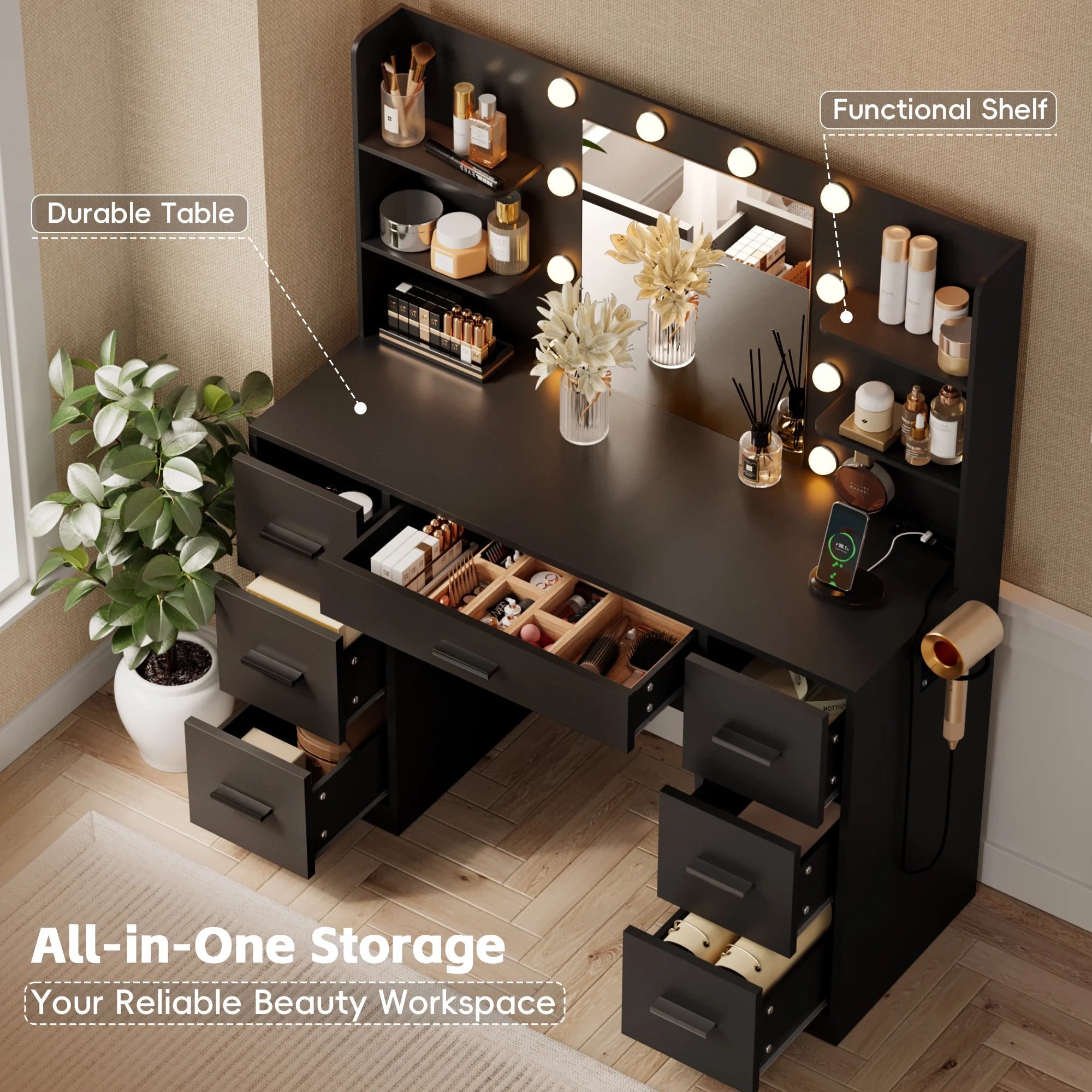 Lacoo Vanity Desk with Mirror and LED Lights, Makeup Vanity with 7 Drawers & 4 Shelves, Vanity Table with Power Outlet for Bedroom Dressing Room, White