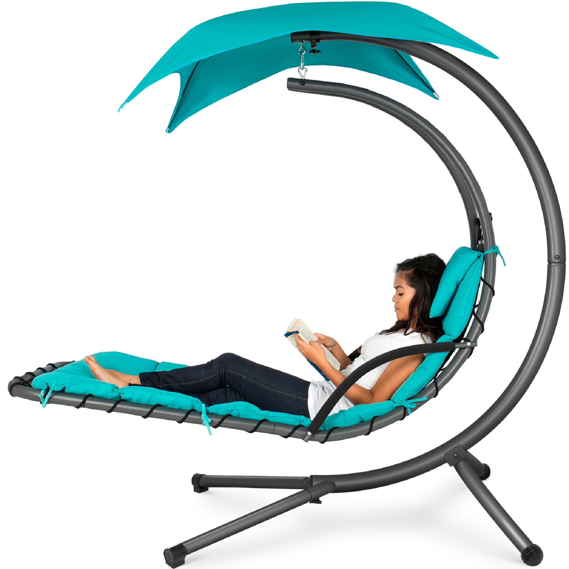 Hanging Curved Chaise Lounge Chair Swing for Backyard, Patio w/ Pillow, Shade, Stand - Teal