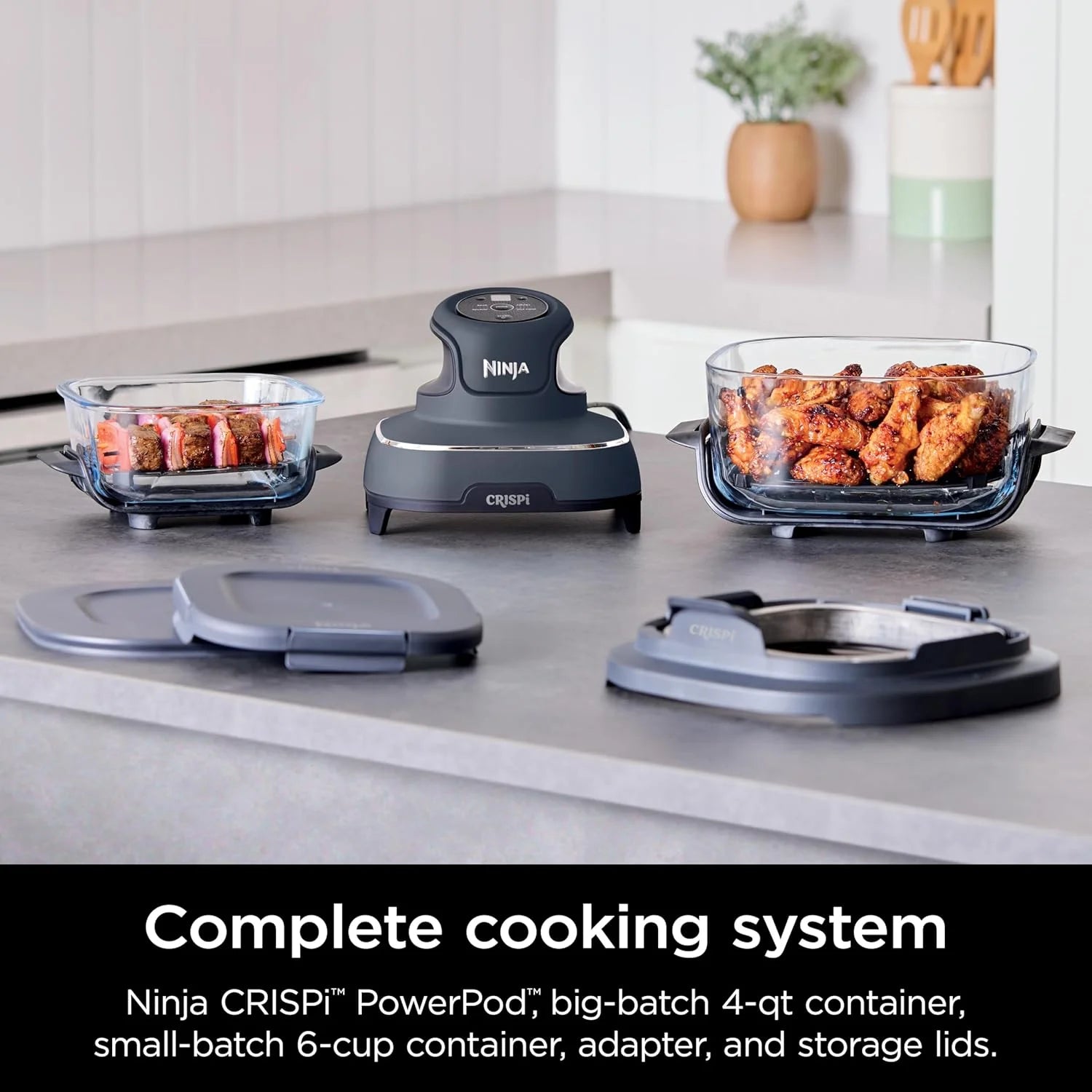 Ninja Crispi 4-in-1 Portable Glass Air Fryer Cooking System, 4-Qt & 6-Cup Containers, Cyberspace