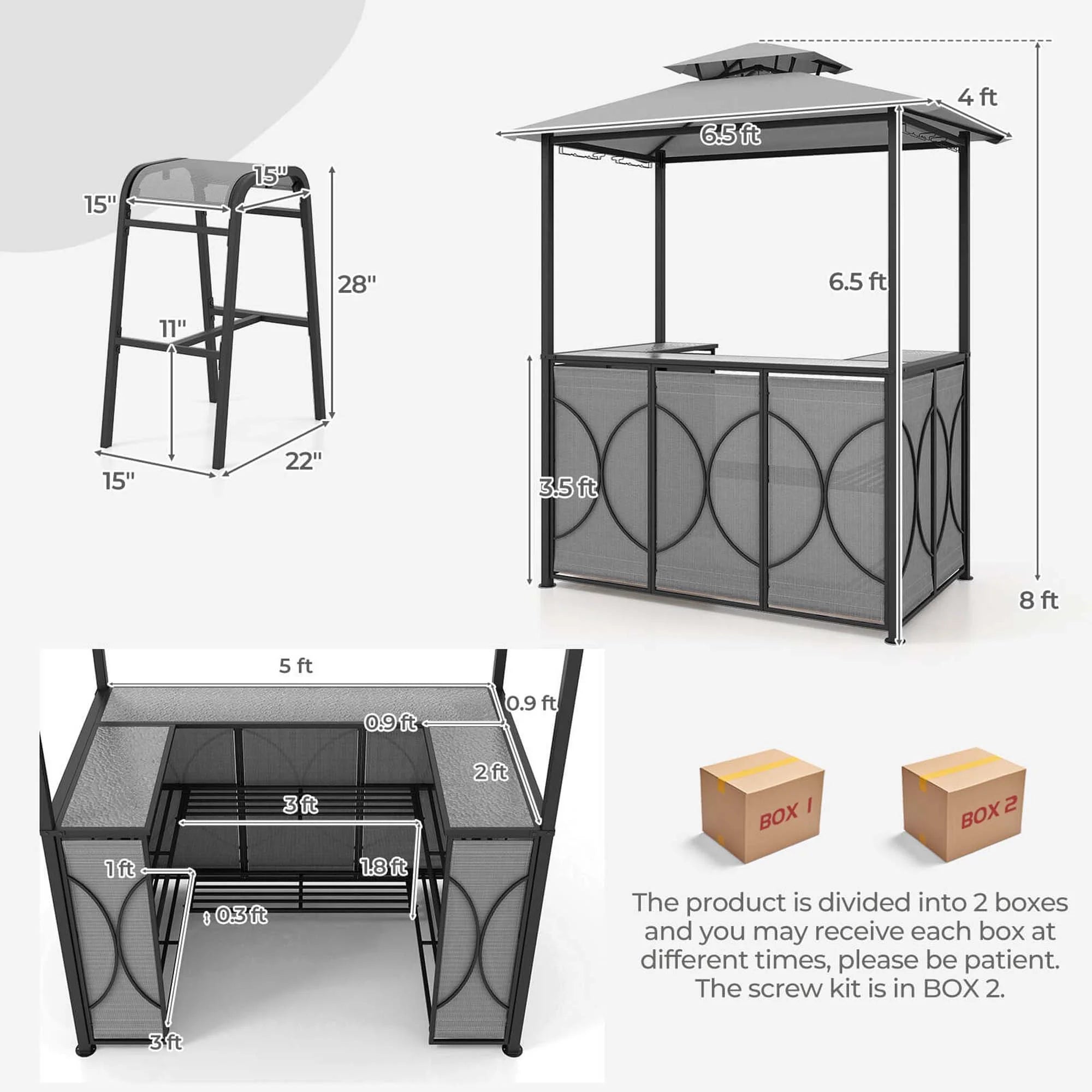 Costway 3 PCS Patio Bar Set with Tempered Glass Bar Table Metal Storage Shelves for Garden Grey