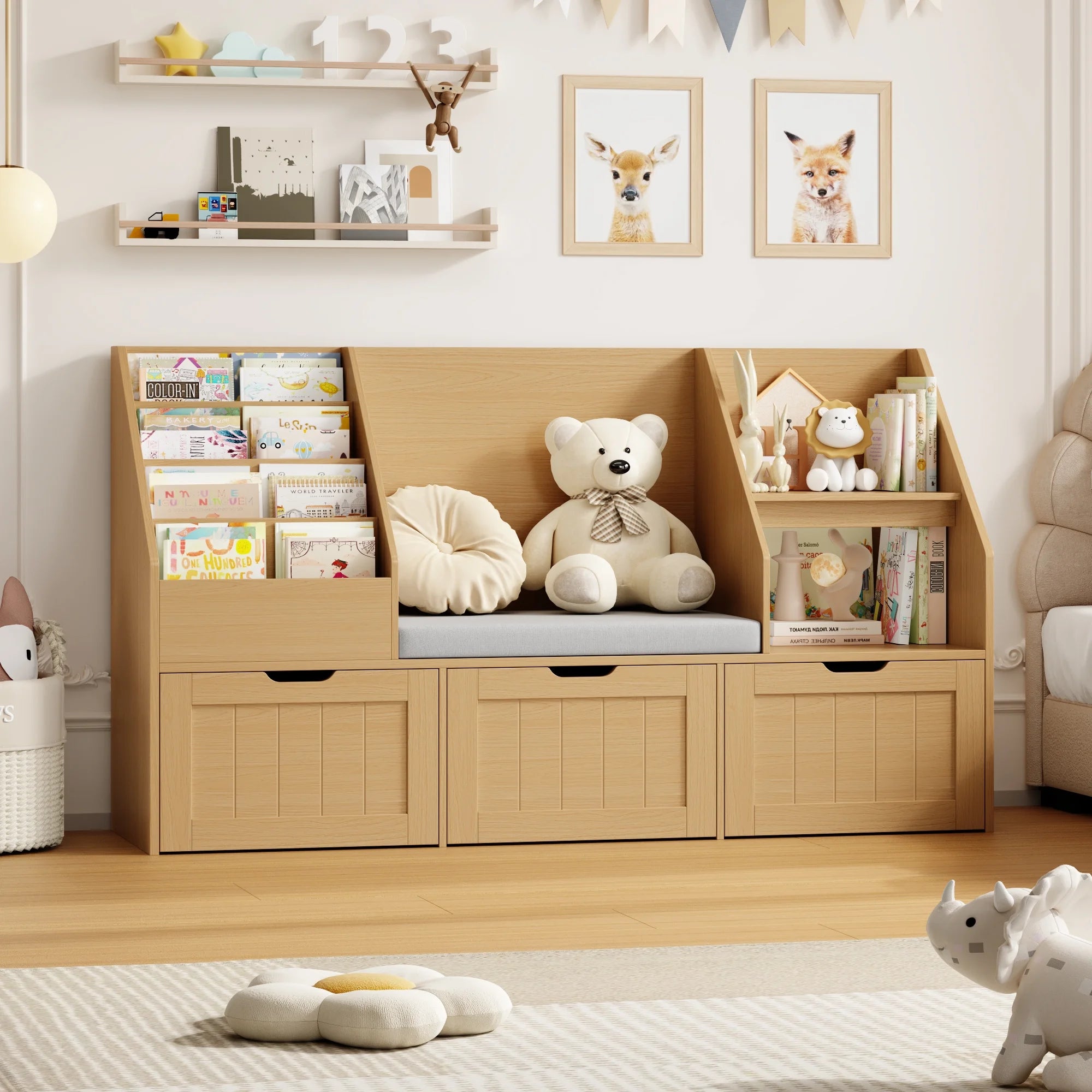 Homfa Kids Bookshelf with Reading Nook & 3 Movable Drawers, 2 Cube Bookcase with 4-Tier Book Racks, Toy Storage Organizer for Playroom Bedroom, White