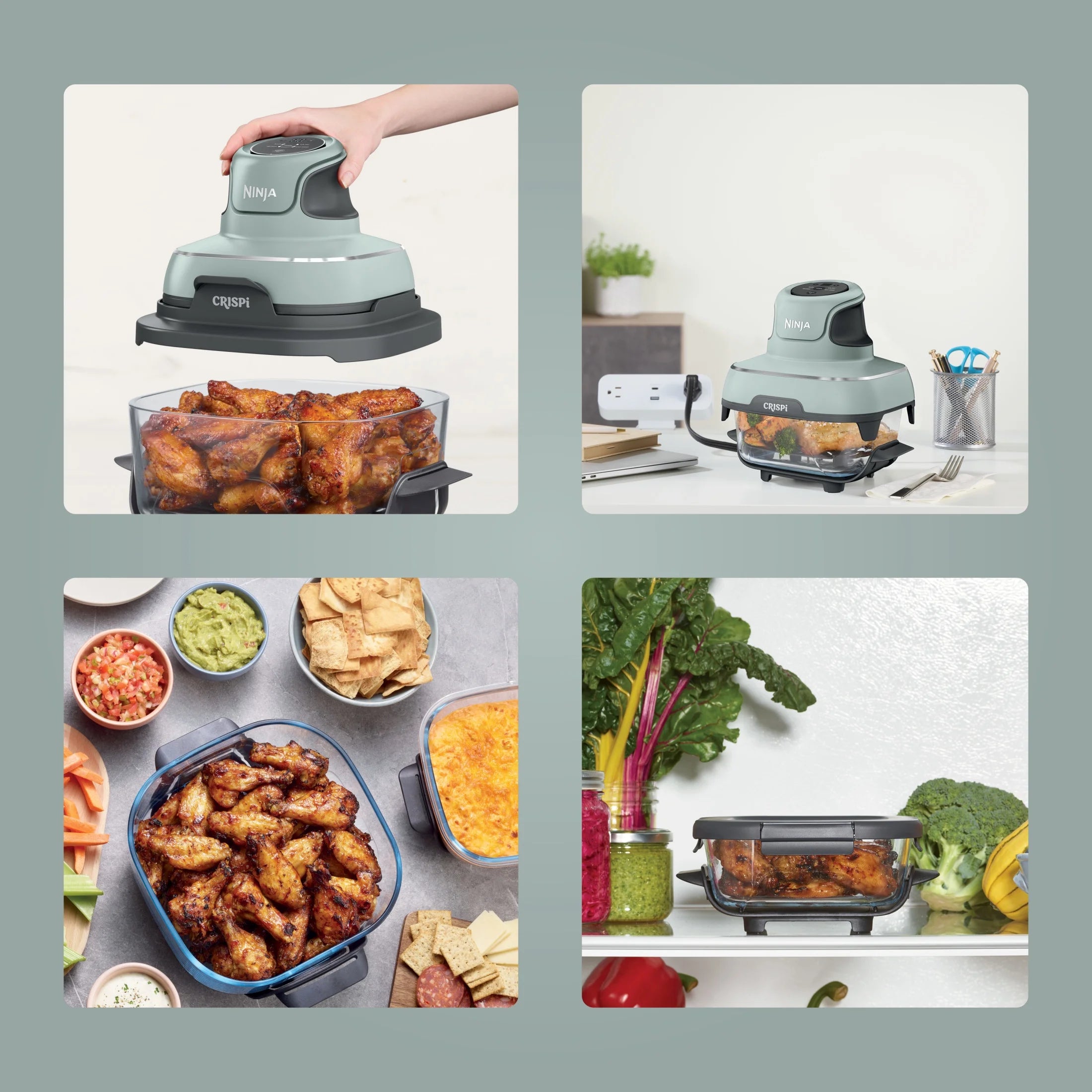 Ninja Crispi 4-in-1 Portable Glass Air Fryer Cooking System, 4-Qt & 6-Cup Containers, Cyberspace