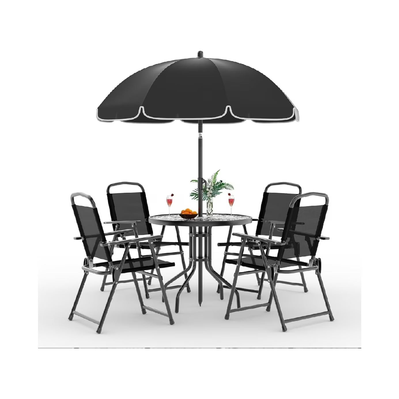 6 Pieces Outdoor Dining Set With Umbrella, Patio Table and 4 Folding Chairs With Umbrella, Garden Patio Furniture Set With Umbrellas, Tempered Glass Top Dining Table