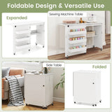 Costway Folding Sewing Table Rolling Craft Station with 3 Storage Bins & Charging Station White+natural