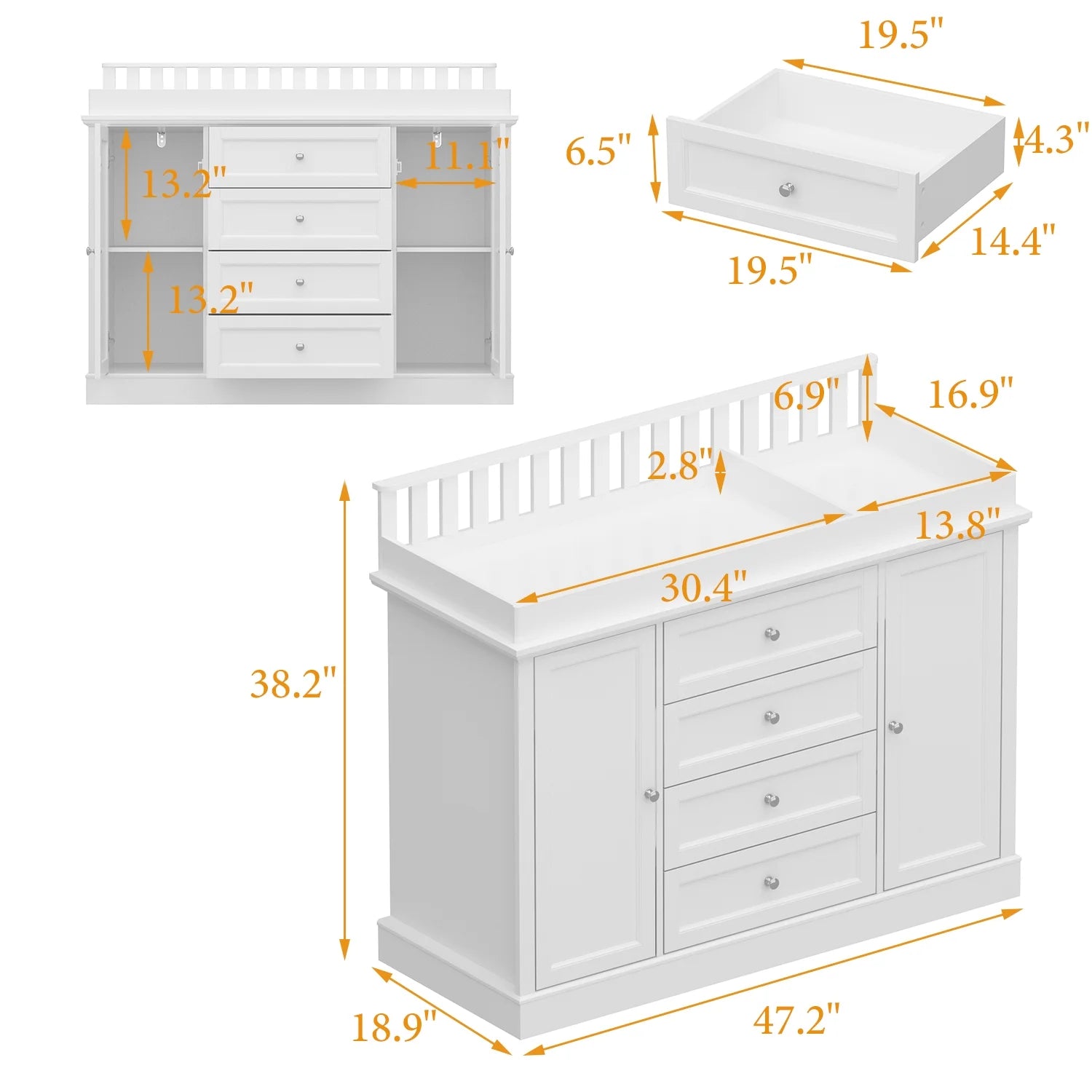 OXYLIFE 45" Baby Nursery Changing Table Dresser with 4 Drawers and Shelf for Nursery Room, White