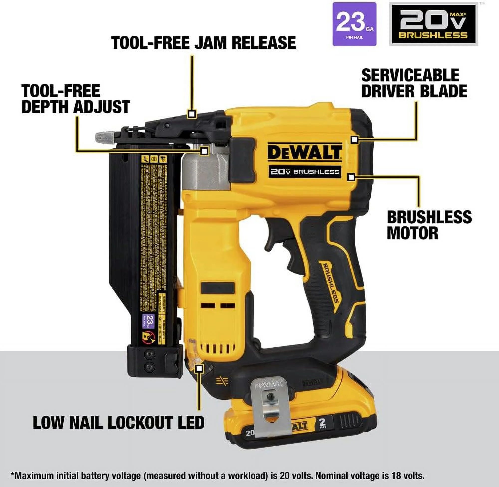DeWalt DCN623D1 20-Volt MAX Atomic Compact Cordless Pin Nailer Kit, Brushless Motor, 23 Gauge, Battery - Quantity 1