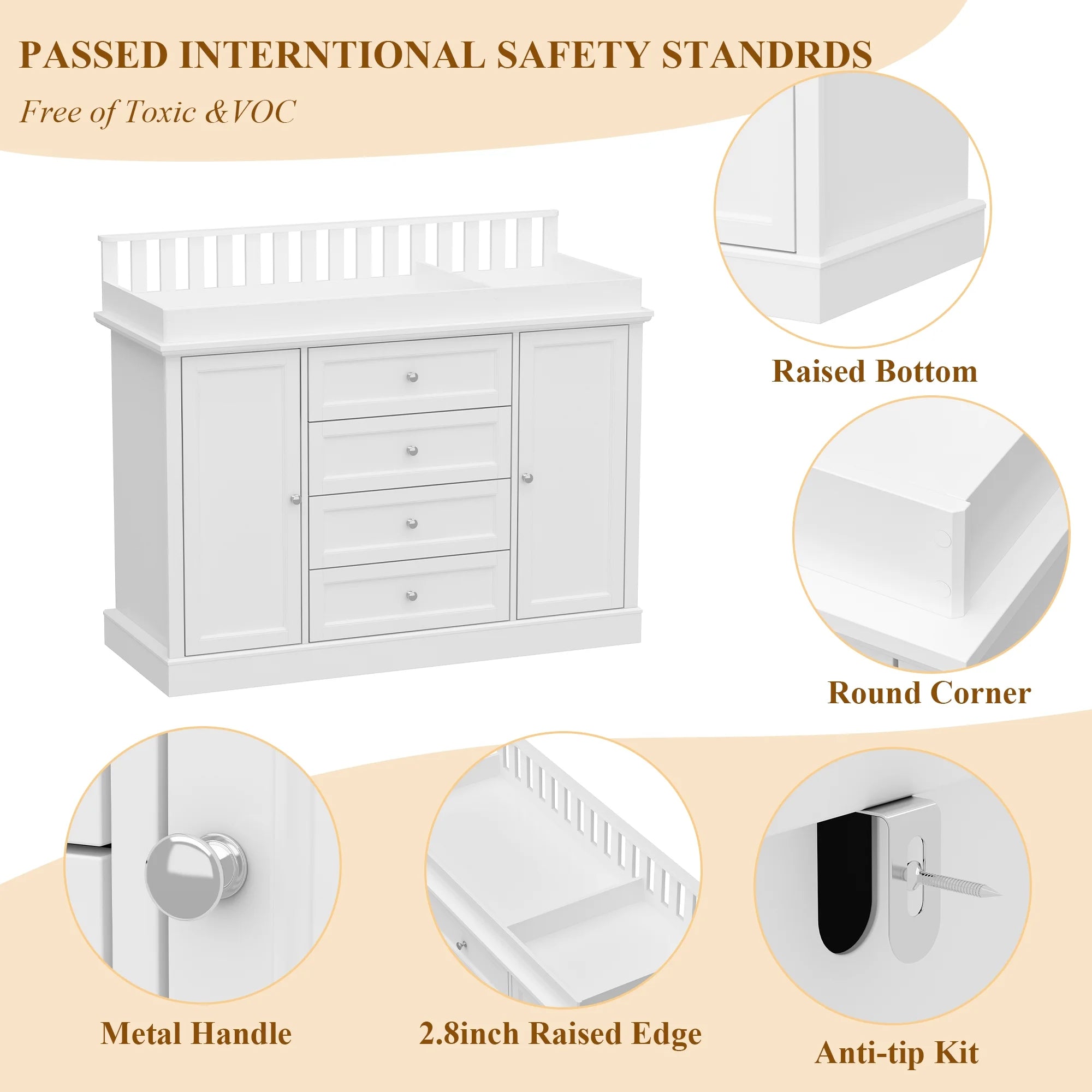 OXYLIFE 45" Baby Nursery Changing Table Dresser with 4 Drawers and Shelf for Nursery Room, White