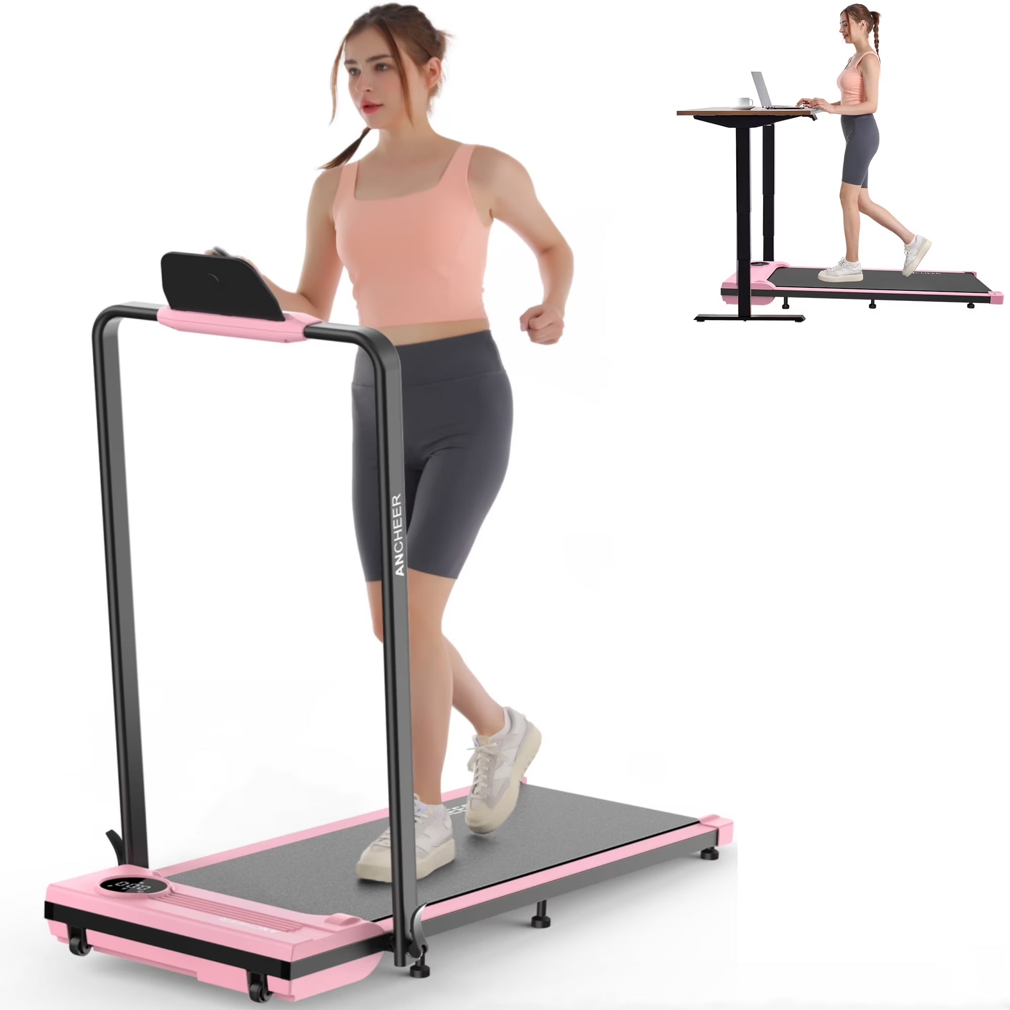 Portable Folding Walking Pad 300lb, 7.5 MPH Under Desk Treadmill with Remote Control & LED Display,2 in 1 Walking Pad Treadmill for Home/Office/Exercise(Pink)