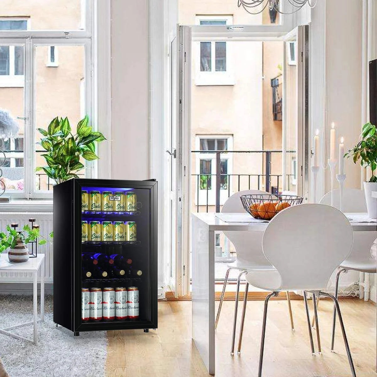 WANAI Compact Beverage Refrigerator, 100 Can Capacity, Glass Door, Black Stainless Steel