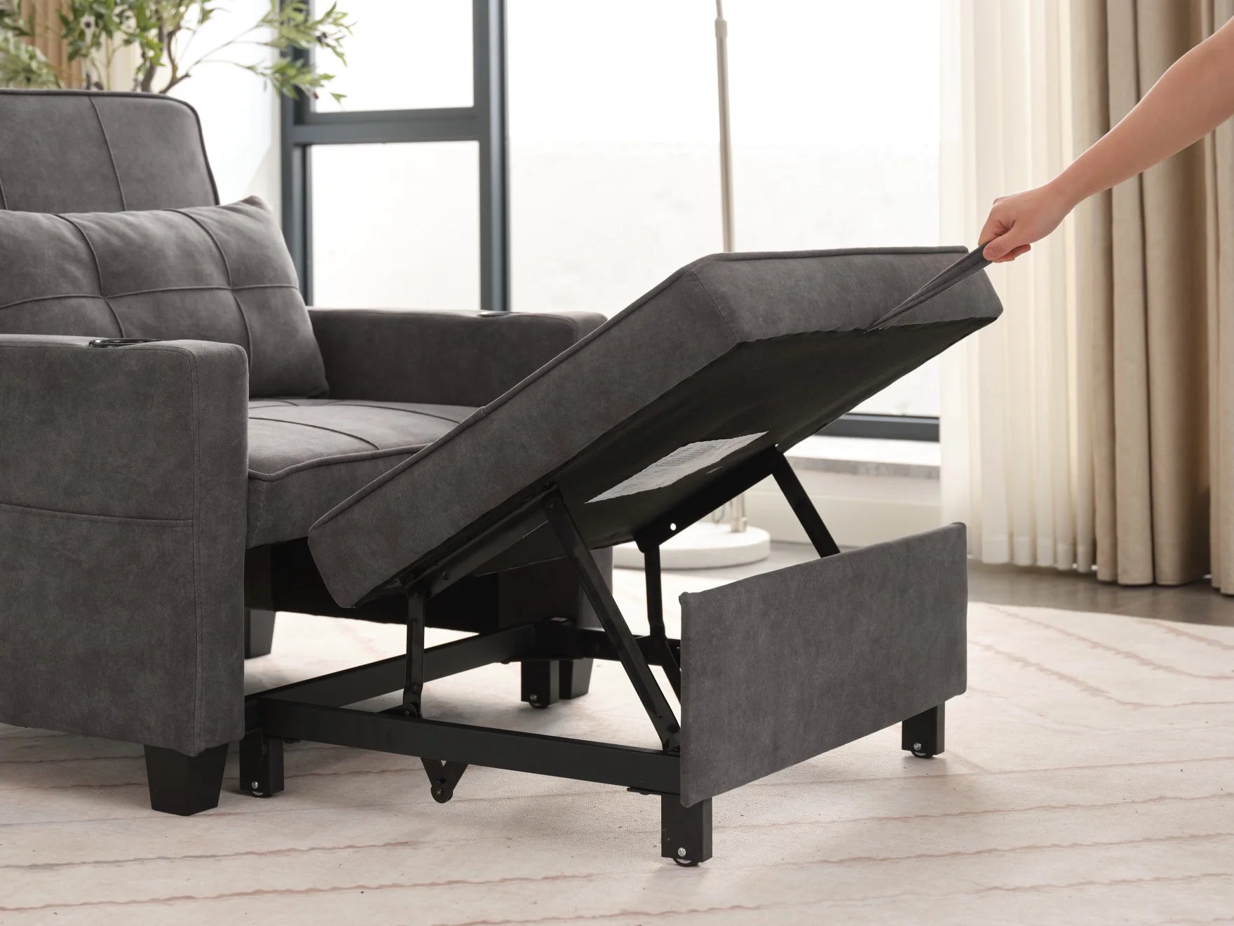 Convertible Futon Sofa Bed, 3-in-1 Multi-Functional Sleeper Chair Bed with USB Ports, Adjustable Backrest Recliner,for Living Room Bedroom Small Space, Tech Cloth, Dark Grey