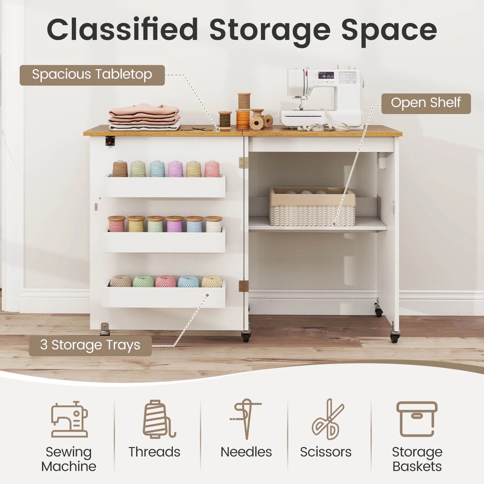 Costway Folding Sewing Table Rolling Craft Station with 3 Storage Bins & Charging Station White+natural
