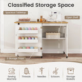 Costway Folding Sewing Table Rolling Craft Station with 3 Storage Bins & Charging Station White+natural