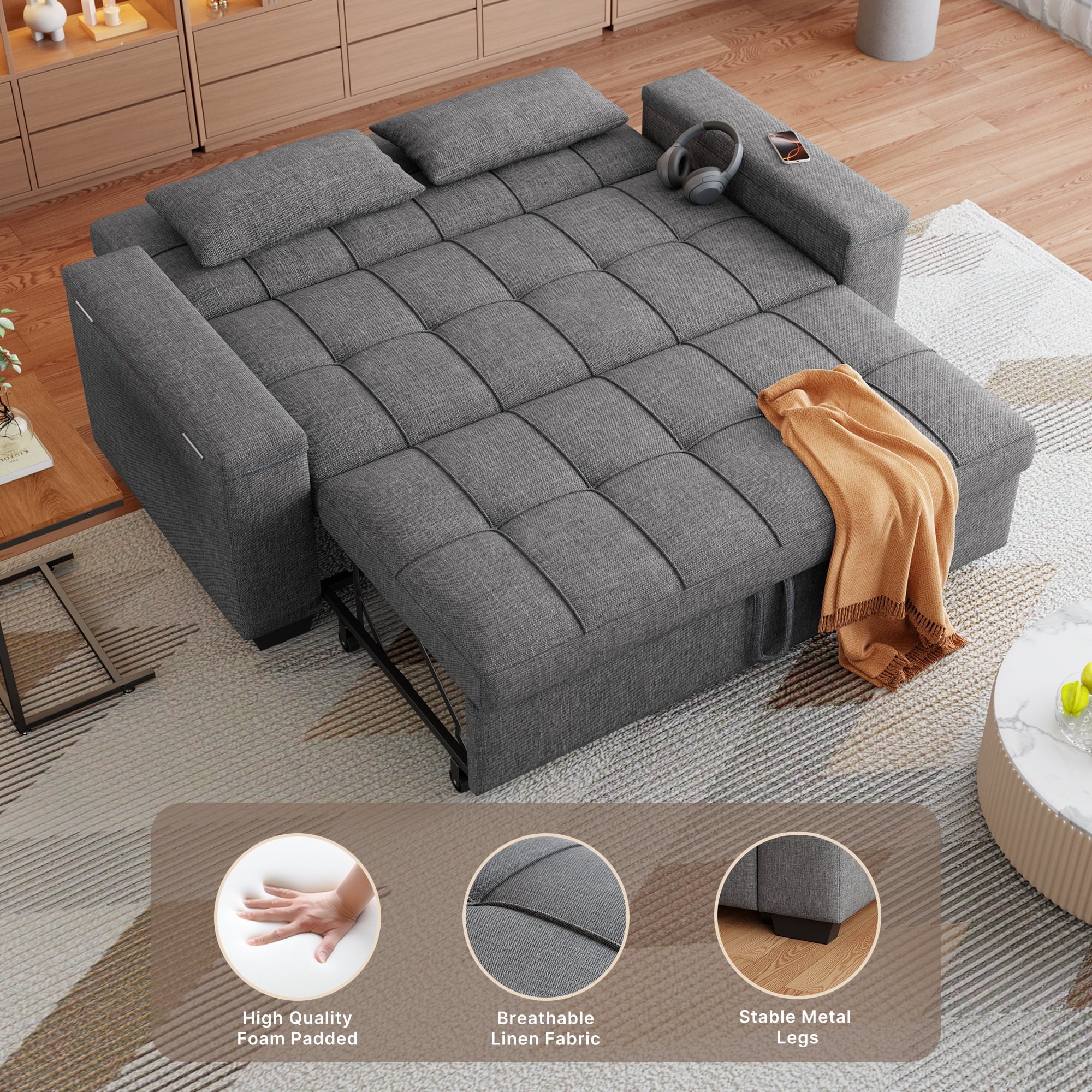 Sofa Bed, Lofka 3 in 1 Convertible Couch Bed with Storage Armrest and Adjustable Backrest for Living Room, Dark Gray