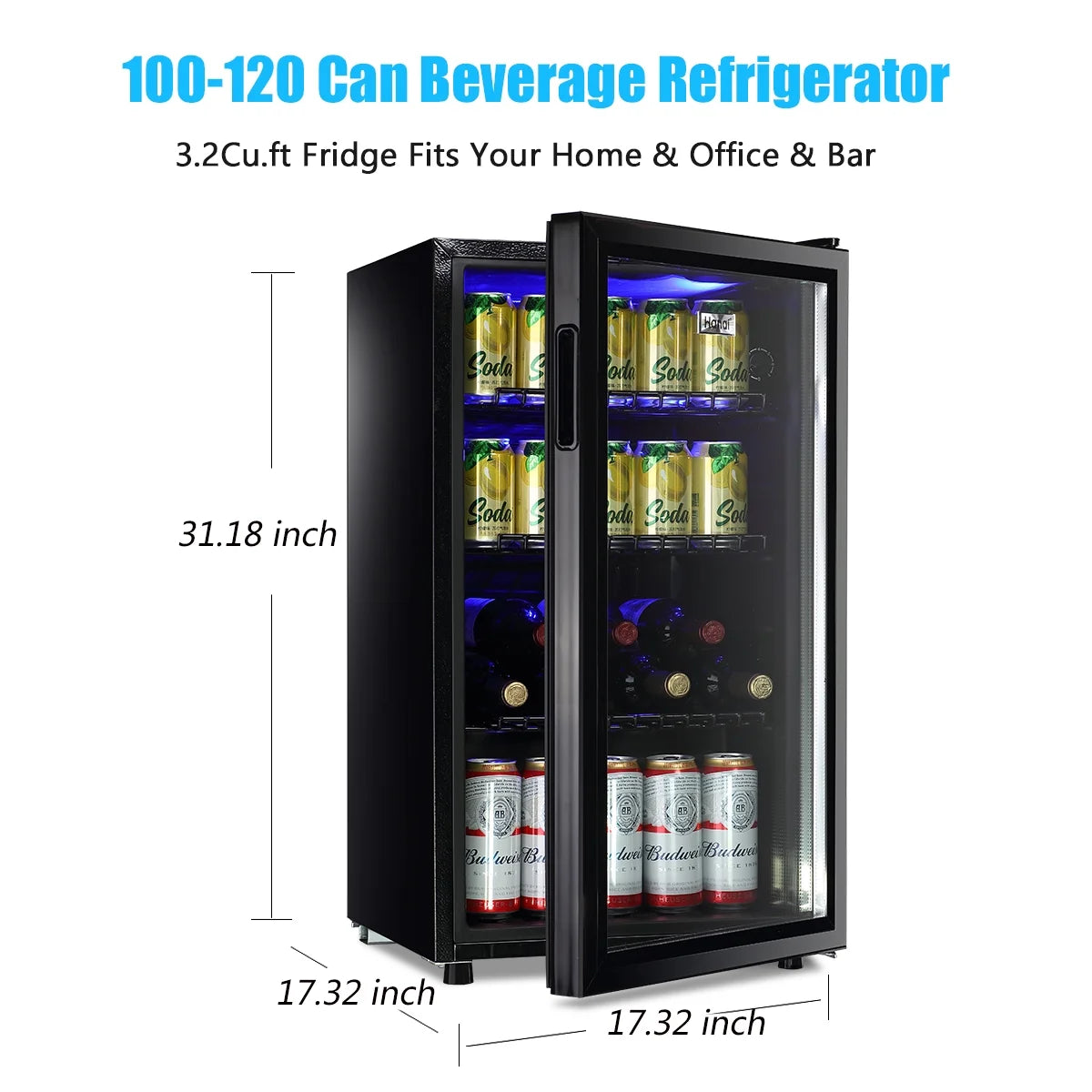 WANAI Compact Beverage Refrigerator, 100 Can Capacity, Glass Door, Black Stainless Steel