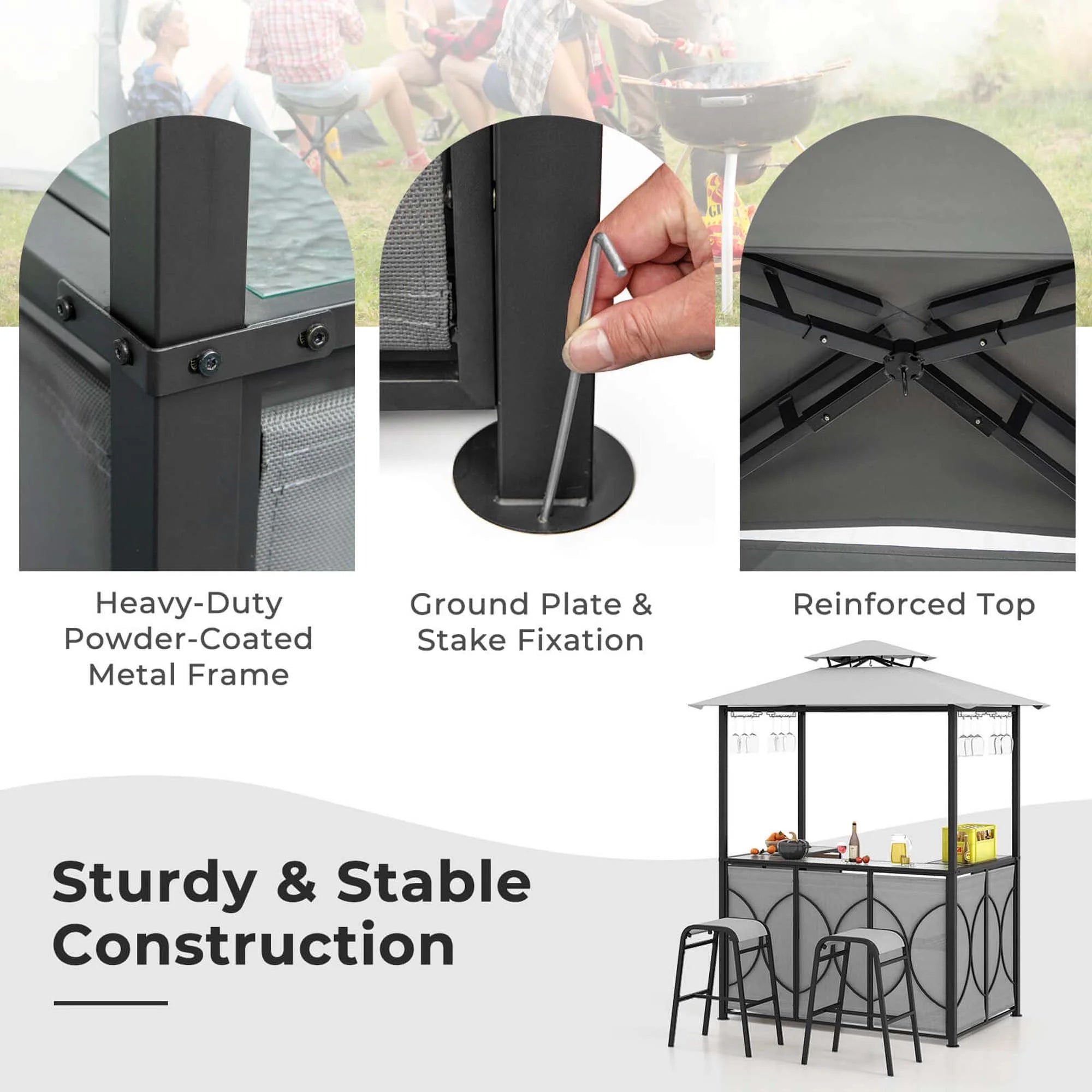 Costway 3 PCS Patio Bar Set with Tempered Glass Bar Table Metal Storage Shelves for Garden Grey