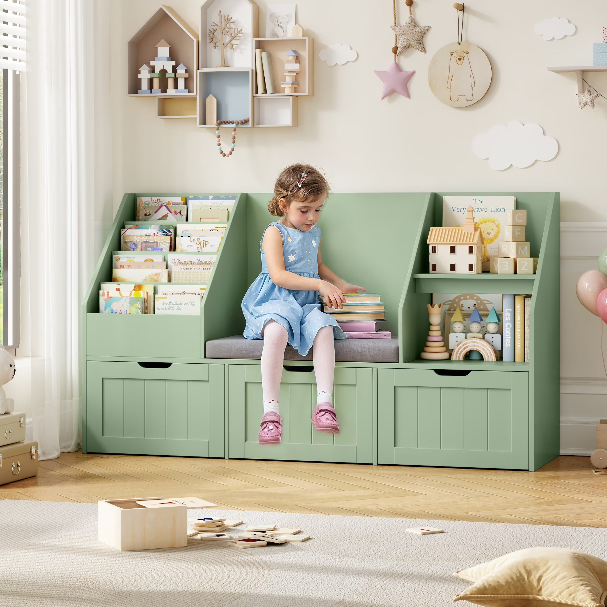 Homfa Kids Bookshelf with Reading Nook & 3 Movable Drawers, 2 Cube Bookcase with 4-Tier Book Racks, Toy Storage Organizer for Playroom Bedroom, White