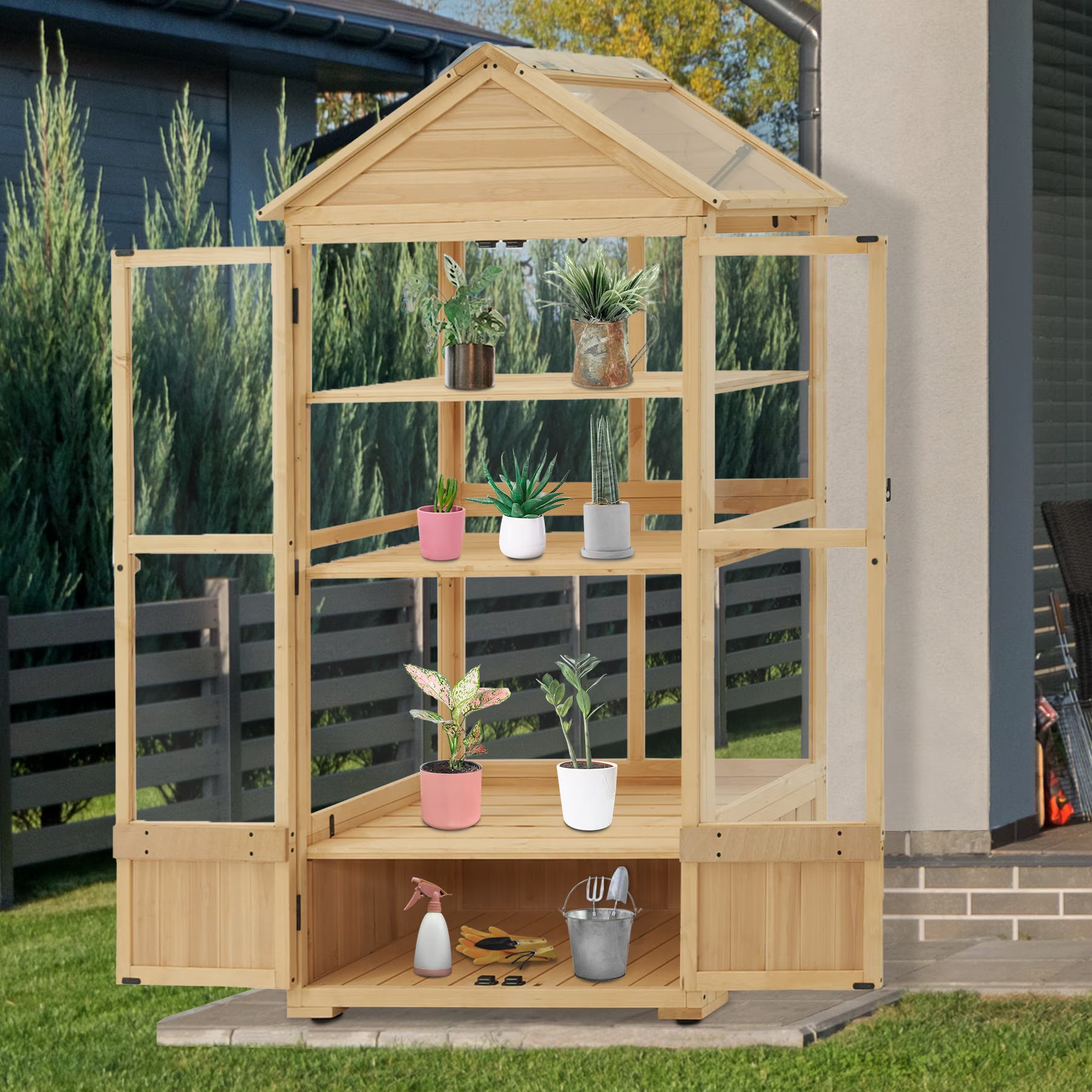 Cold Frame Greenhouse, 3 tier Wooden Greenhouse Cabinet with Adjustable Shelf, Garden Cold Frame Shed for Outdoor Indoor Use, 0847