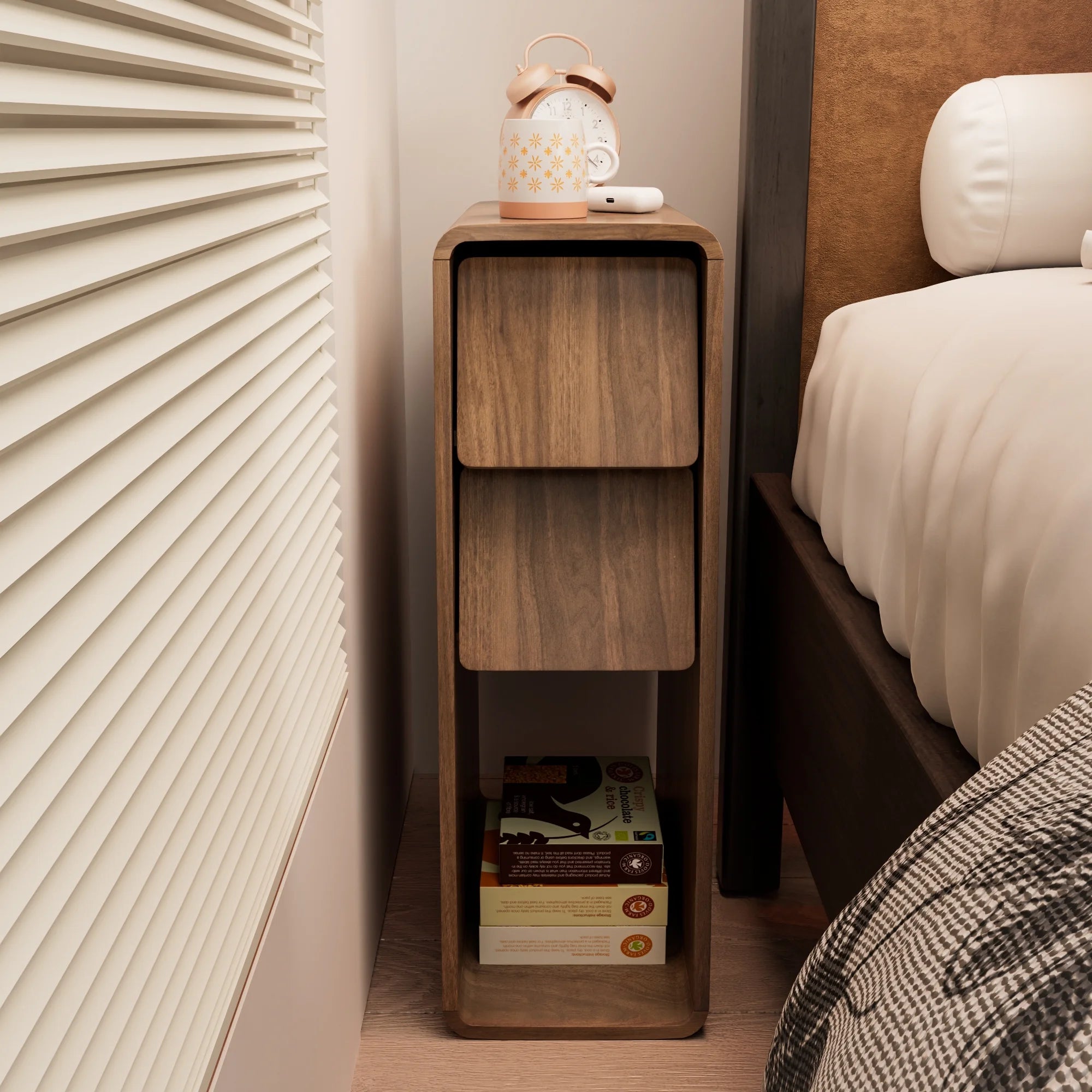 Narrow Nightstand Set of 2 with Drawers, Fluted Slim Side End Table with Storage for Small Spaces