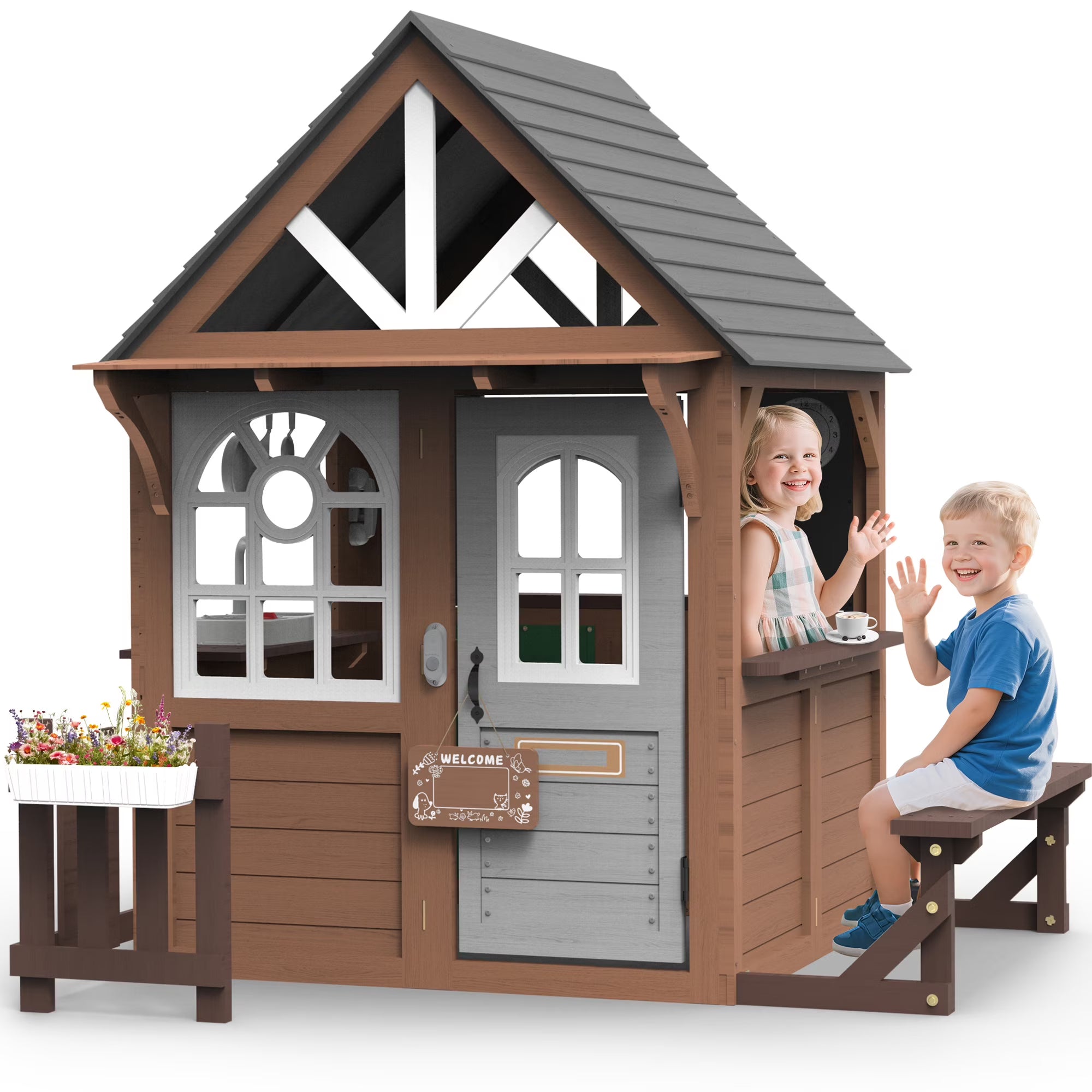 Outdoor Playhouse, Wooden Playhouse for Kids Toddlers, Large Kids Playhouse with Bench/Fence/Kitchen/Door Nameplate/Pretend Phone, Girls Boys Outdoor Toy Gift for Ages 3+, (62.99"W* 67.32"L)