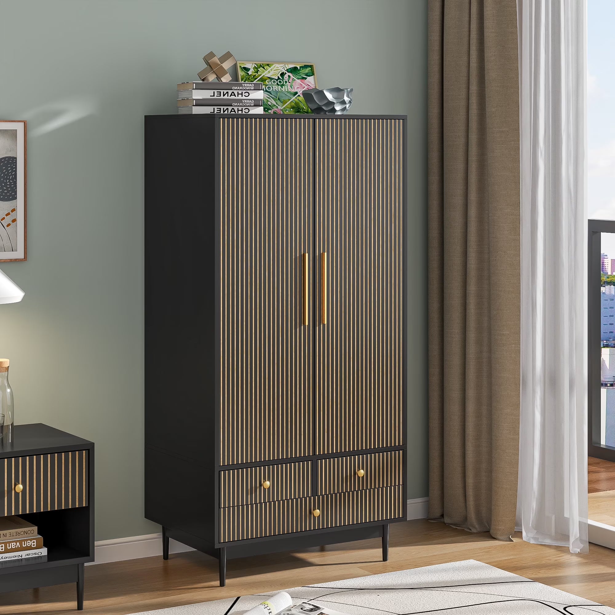 Armoire Wardrobe Closet with 2 Doors, Wardrobe Cabinet with Hanging Rod and Drawers, Wooden Closet for Bedroom, White
