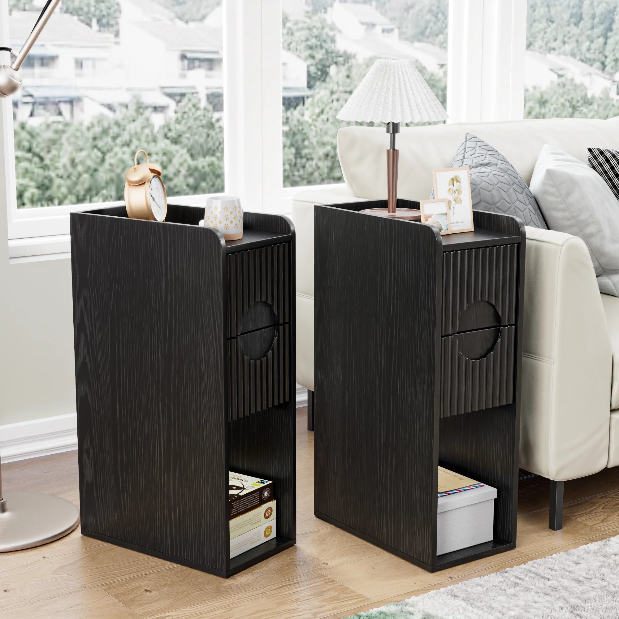 Narrow Nightstand Set of 2 with Drawers, Fluted Slim Side End Table with Storage for Small Spaces