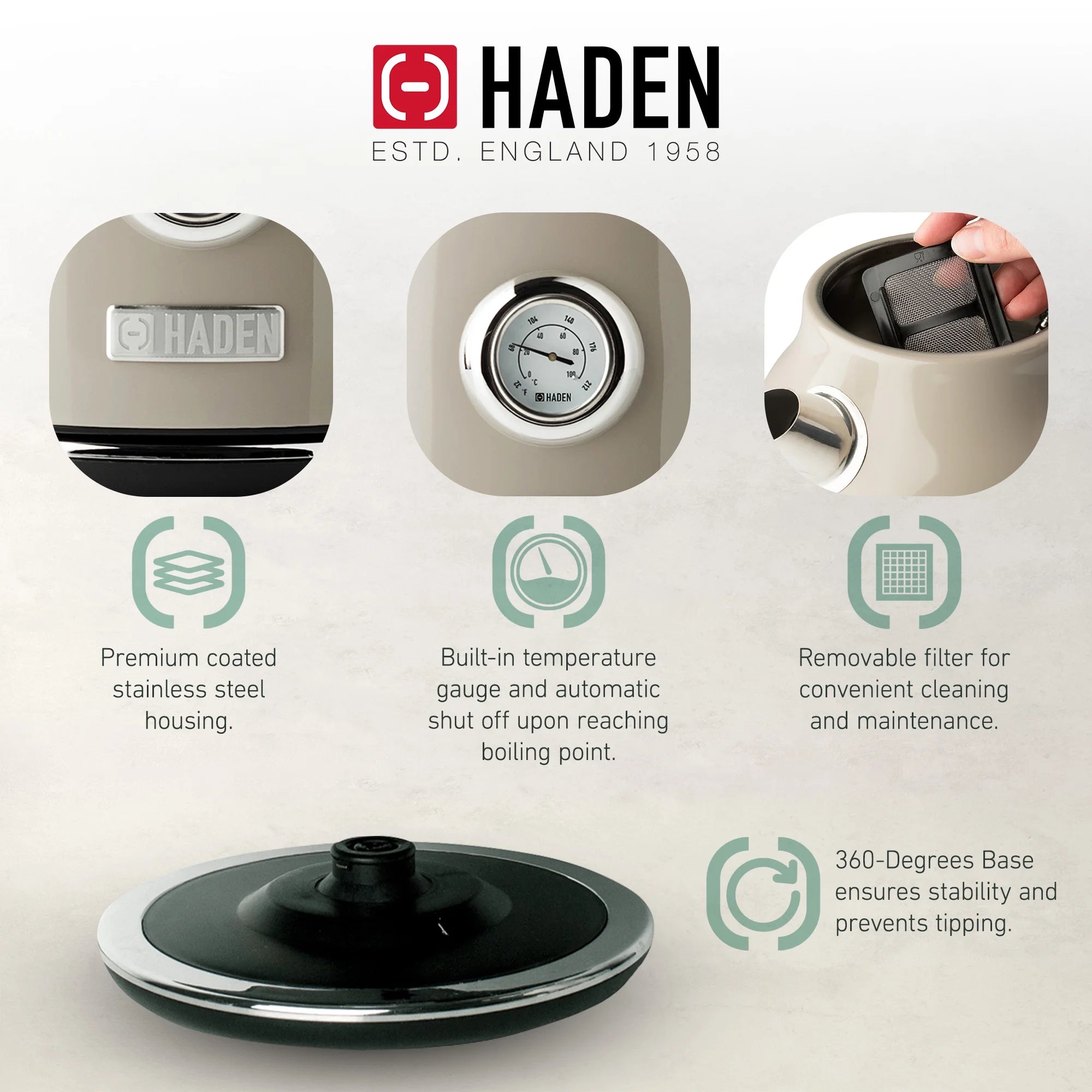 Haden Dorset 1.7 Liter Electric Water Kettle with Base, Putty & Chrome