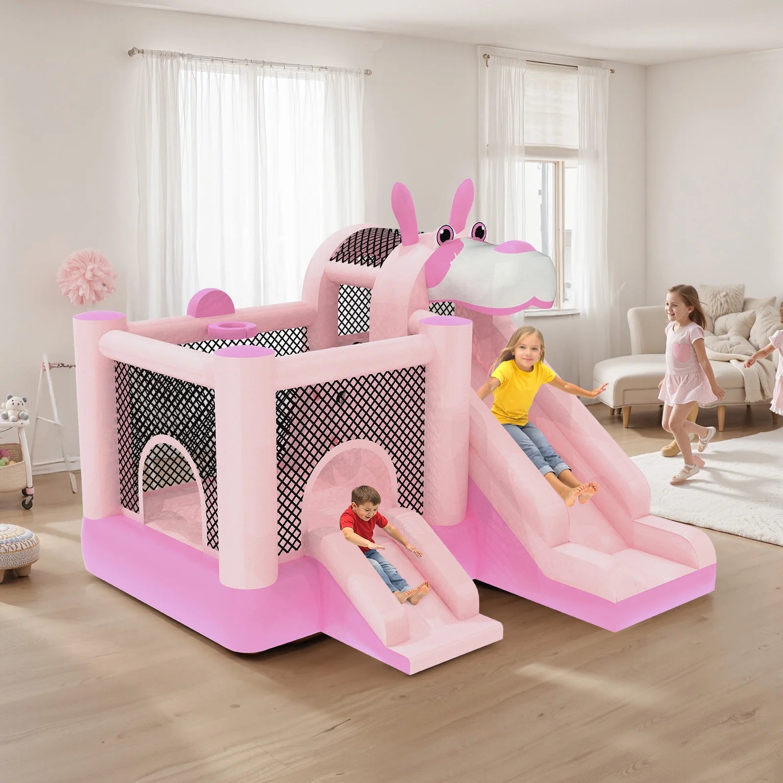 Mukidy 114''x 114'' x 92.5'' Inflatable Bounce Houses for Kids 3-10 with Blower Double Slide and Ball Pit/Indoor Bouncy House, PVC, Child, Teen, Toddler��Blue