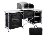 Inch Aluminum Portable Fold-Up Camping Kitchen with Windscreen and 5 Enclosed Cupboards, Cook Station, for BBQ, Camping, Picnic, Backyard